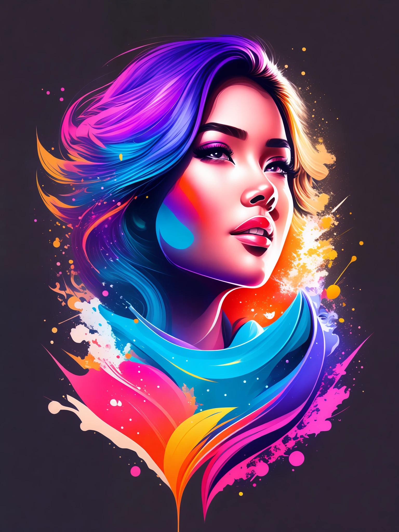 female face splash art, t-shirt design, rzminjourney, vector art, colorful