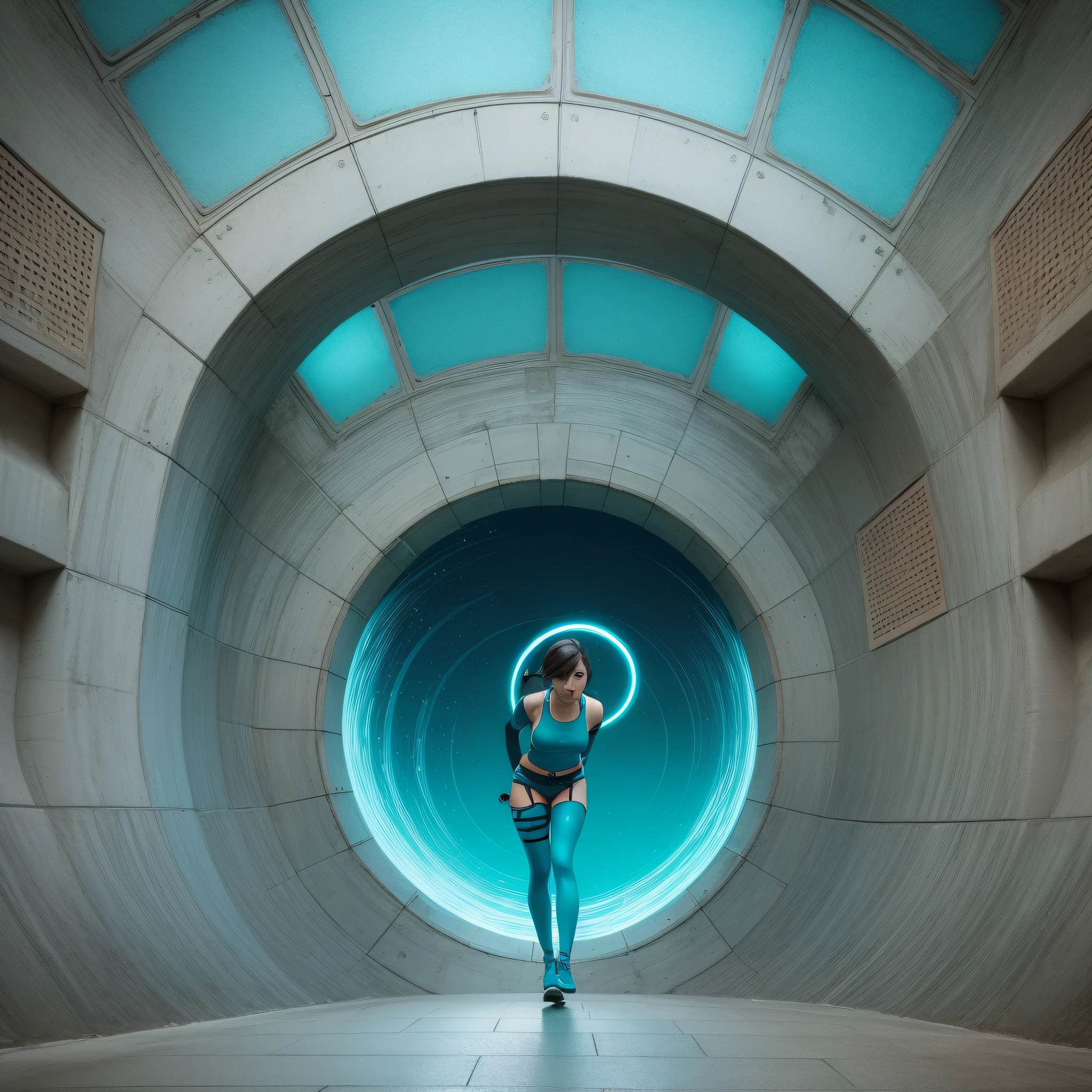 woman, crossing a portal, futuristic, crazy, teal and orange, worm hole, travessing, flying