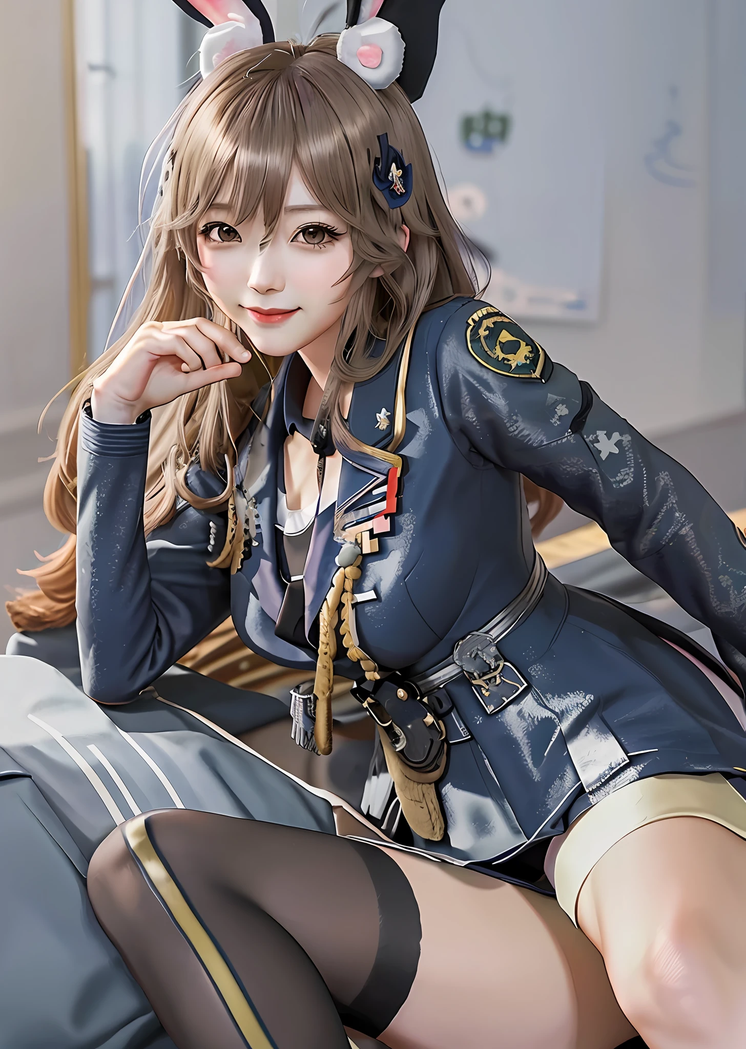 Hiryuu from Azure Lane, trending anime realism on Pixiv, sfw, kawaii, military outfit, high rank soldier, in office, WWII, crazy smile, laughing maniacally, sinister beauty, Third Reich, German military officer waifu, Photorealistic, highly detailed, hyperrealism, ray tracing, high quality vector, high resolution, bunnygirl military Waifu, large breasts, hentai, lewd