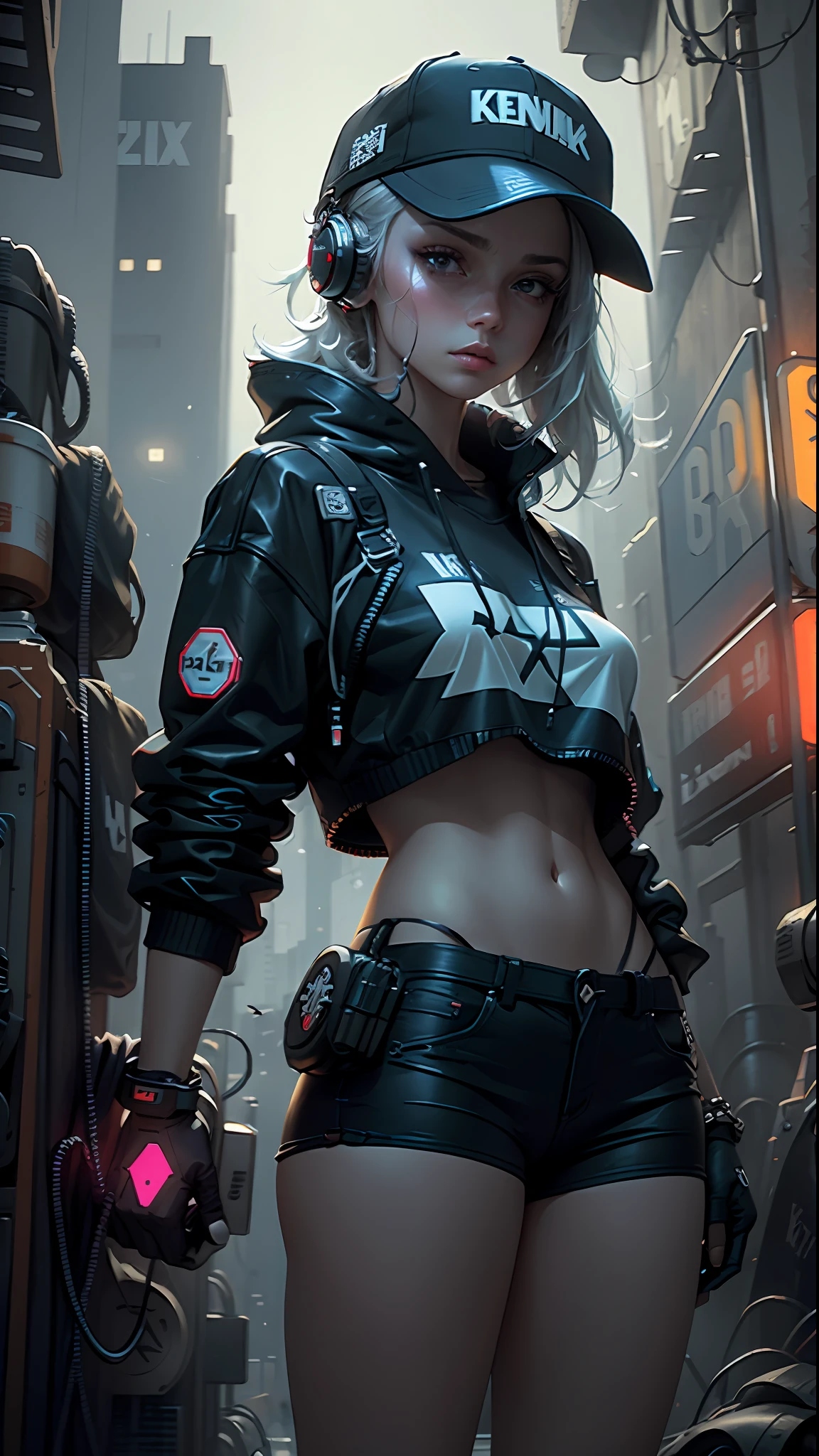 a beautiful woman with medium hair, wearing a cap that has the phrase "kenkaflix" and headphone,
- She's wearing short, stylish cyberpunk-style outfits, with a shirt that has the phrase "Kenkaflix" written on it.
- The shirt is predominantly white, with bold red letters and details in blue, white and yellow.
- She's facing the screen, with a confident, determined expression on her face.
- The background can be in shades of dark blue, with neon details to give a futuristic and cybernetic touch.