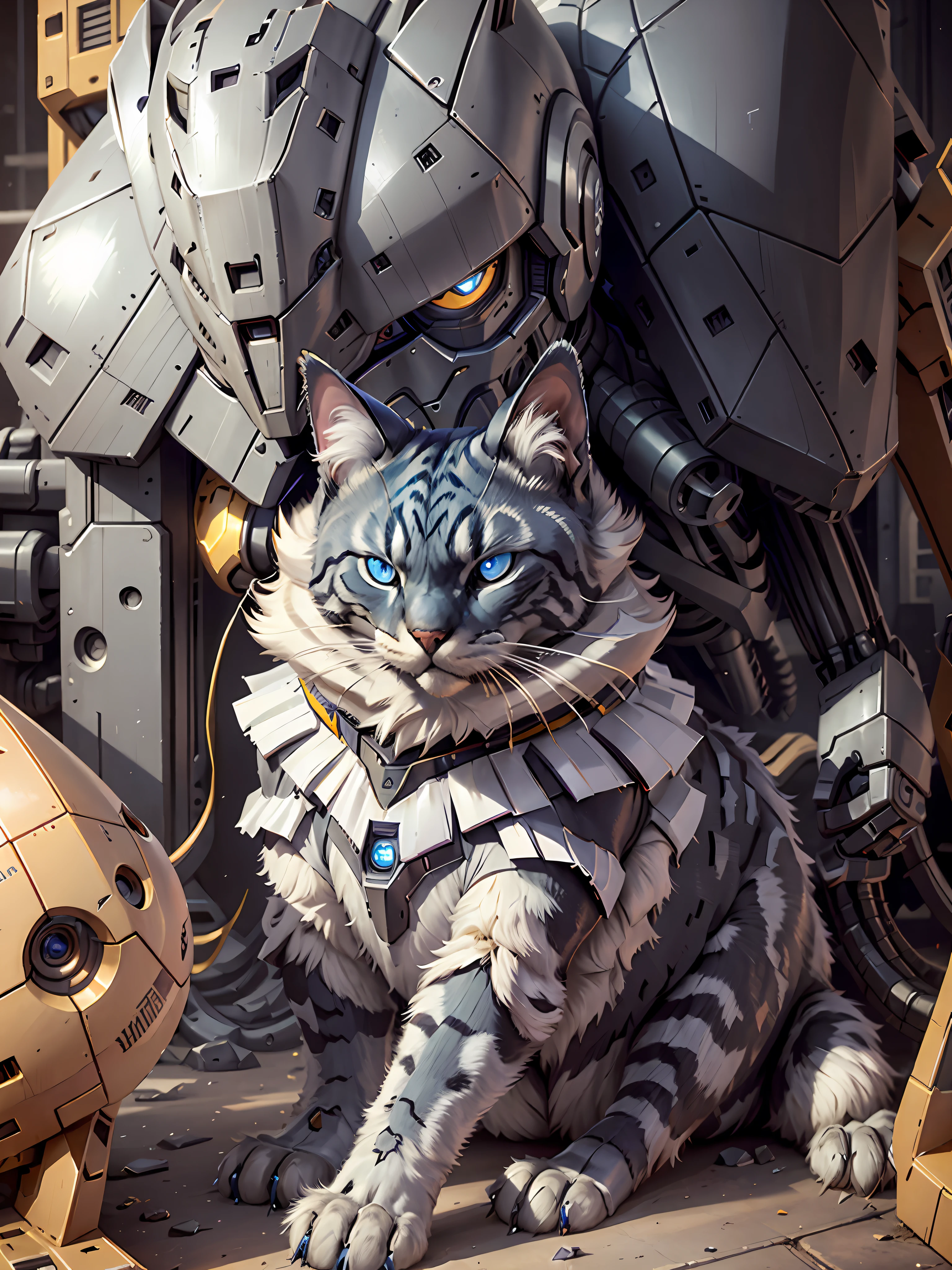 8k, cinematic effect, realistic, cat sitting on sofa with a mecha shell, partial mecha shell, limb mecha, yellow light on chest, blue eyes, balloon in the background, Maine raccoon, anthropomorphic large Maine cat, serious looking mainecoon cat, 2 years old, 5 years old, gorgeous lady, handsome, awesome cat, looking proudly into the distance, handsome girl, beautiful face, gorgeous facial features, domineering cat, beautiful cat