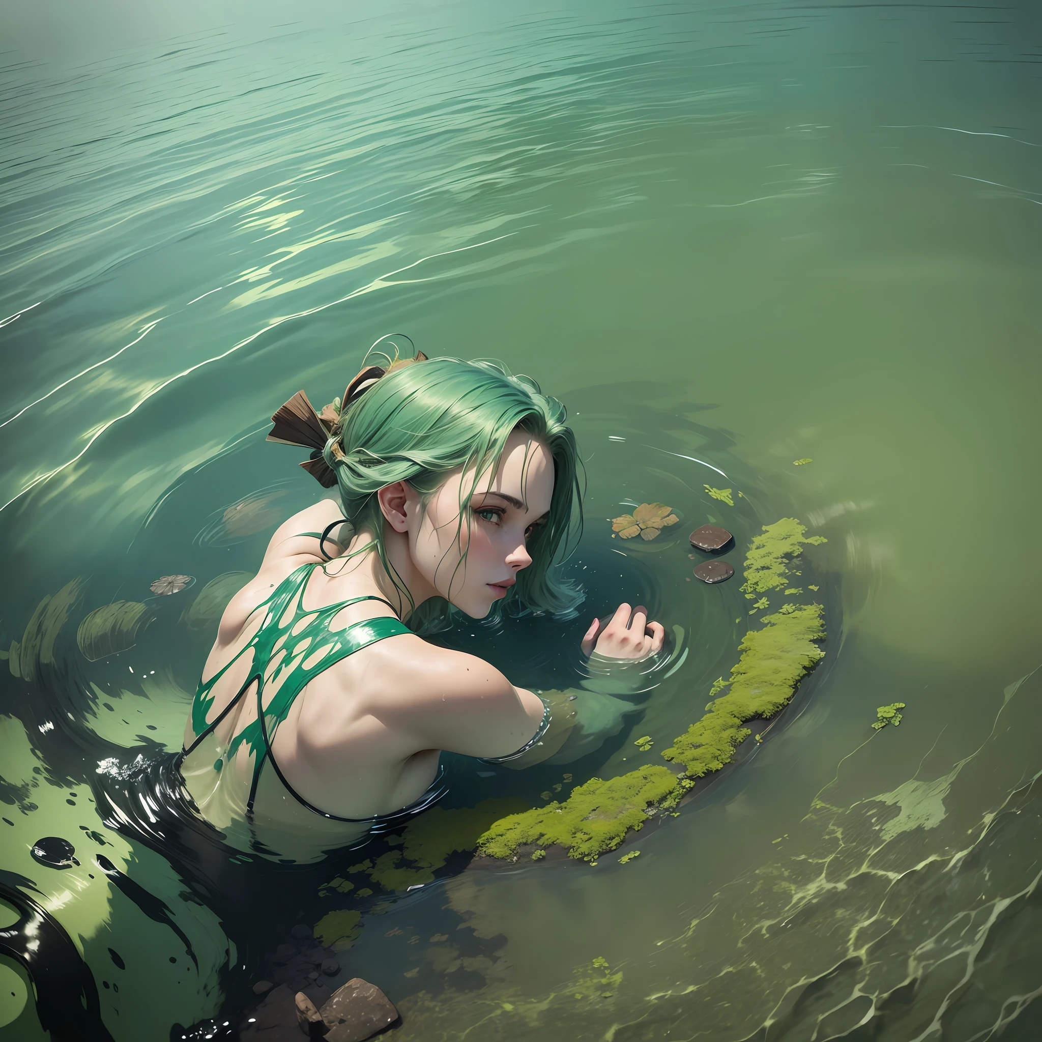 /image: a dirty green pool with a person's hand sticking out of the surface of the water! giving the appearance of the pool asking for help --auto --s2
