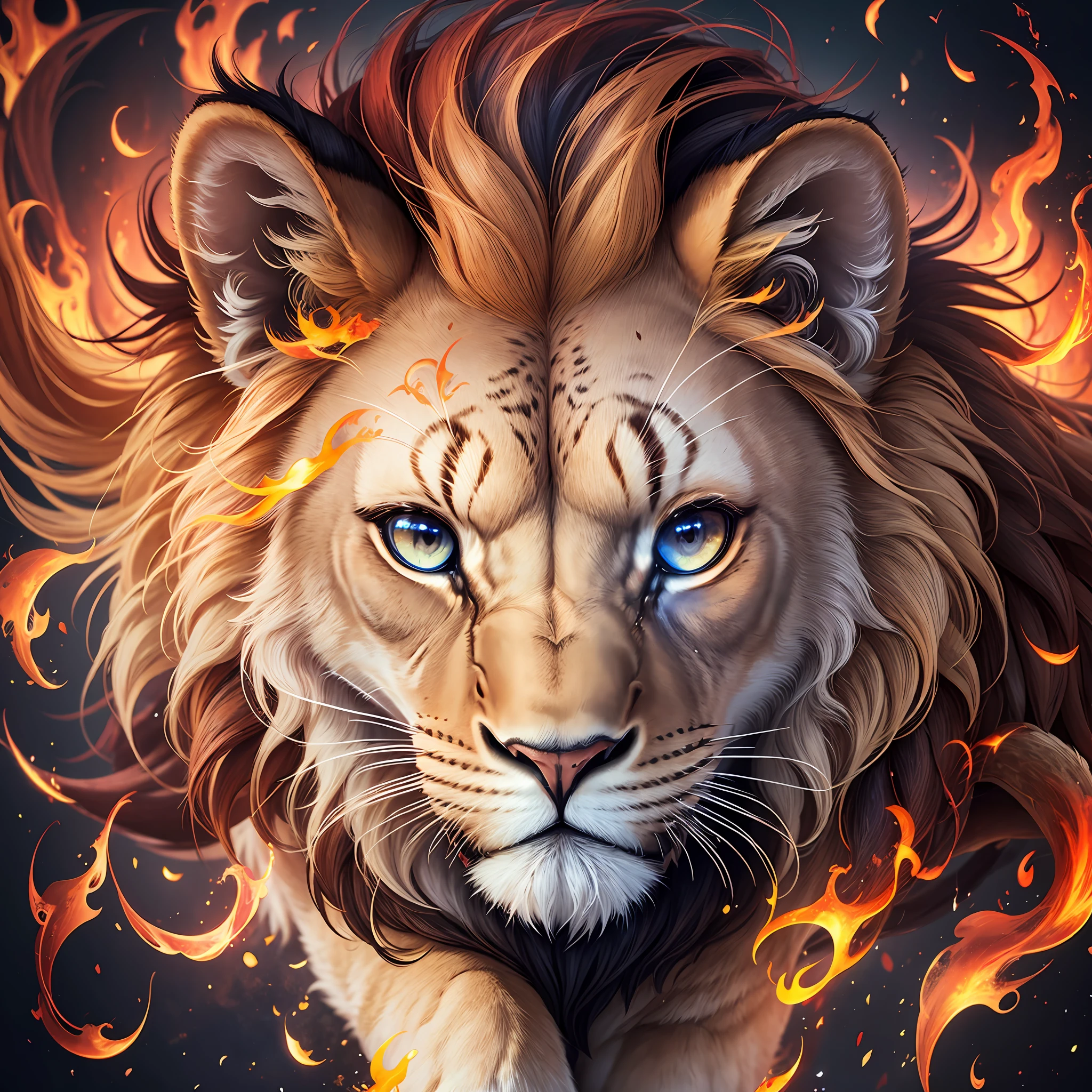 lion, fire, galaxy, 8k, fire eyes, cub, dark