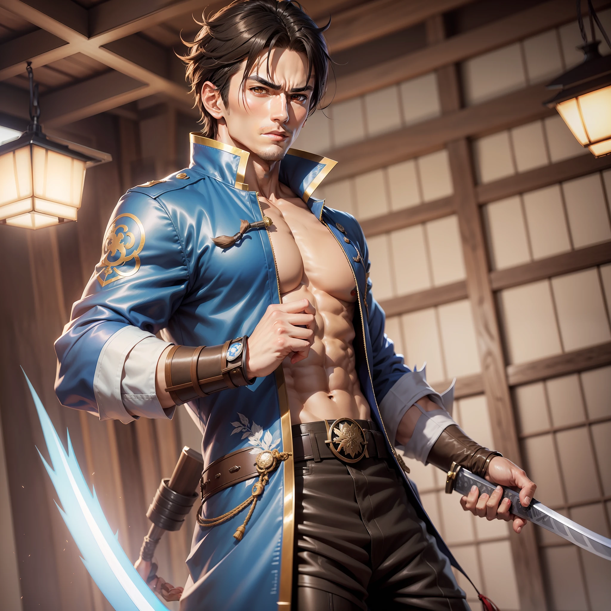 there is a man with a blue japanese jacket holding a japanese sword, cute anime pose, handsome anime man, male anime character, cute guy in demon slayer art, realistic anime style 3 d, gamma murata and artgerm, as a character in tekken, anime character, male anime style, 3 d realistic anime Image of bank boy, approximately 14 years of mature appearance, brown eyes, (straight hair up to shoulder height) and dark brown color, ((hairless chin)), dressed in blue and open Japanese school-style jacket showing muscular body and no shirts underneath, holding Japanese long-bladed sword, anime handsome man, male anime character, handsome anime pose