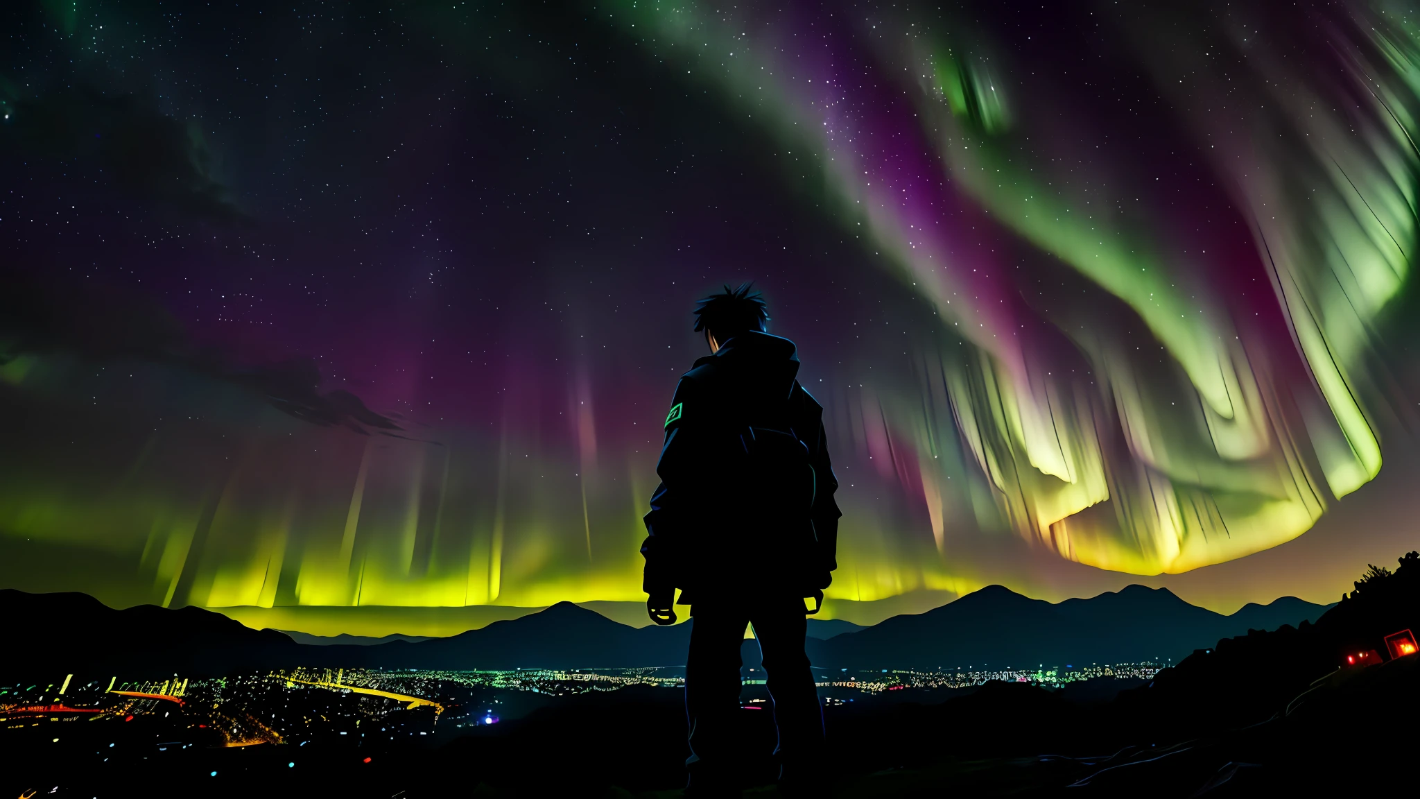 1boy,aurora,black_hair,building,city,city_lights,cityscape,cloud,cloudy_sky,copyright_name,dark,facing_away,from_behind,hill,horizon,landscape,lightning,milky_way,moon,mountain,night,night_sky,outdoors,rain,scenery,shooting_star,silhouette,sky,...
Model: 平涂, CFG scale: 7