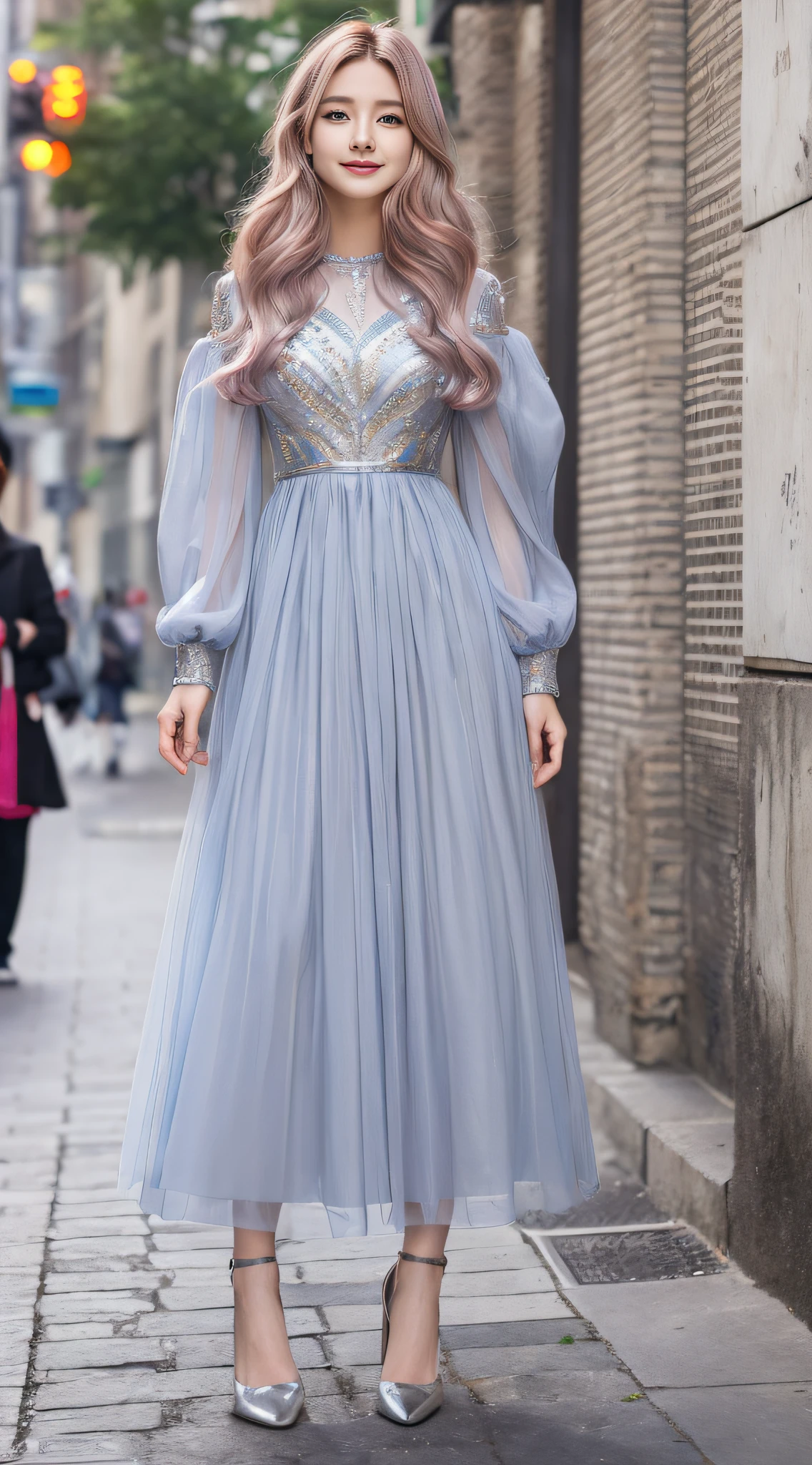 ((Top Quality, 8k, Masterpiece: 1.3)), 1 Girl, Smile, Full Body, Slim Face, Pretty Woman, (Free Hair Color), Free Color Full Length Dresses: 1.1, Stylish pumps, Ultra Detailed Face, Fine Eyes, Double Eyelids, Blurred Background, Slim Face, City, Outside, Street