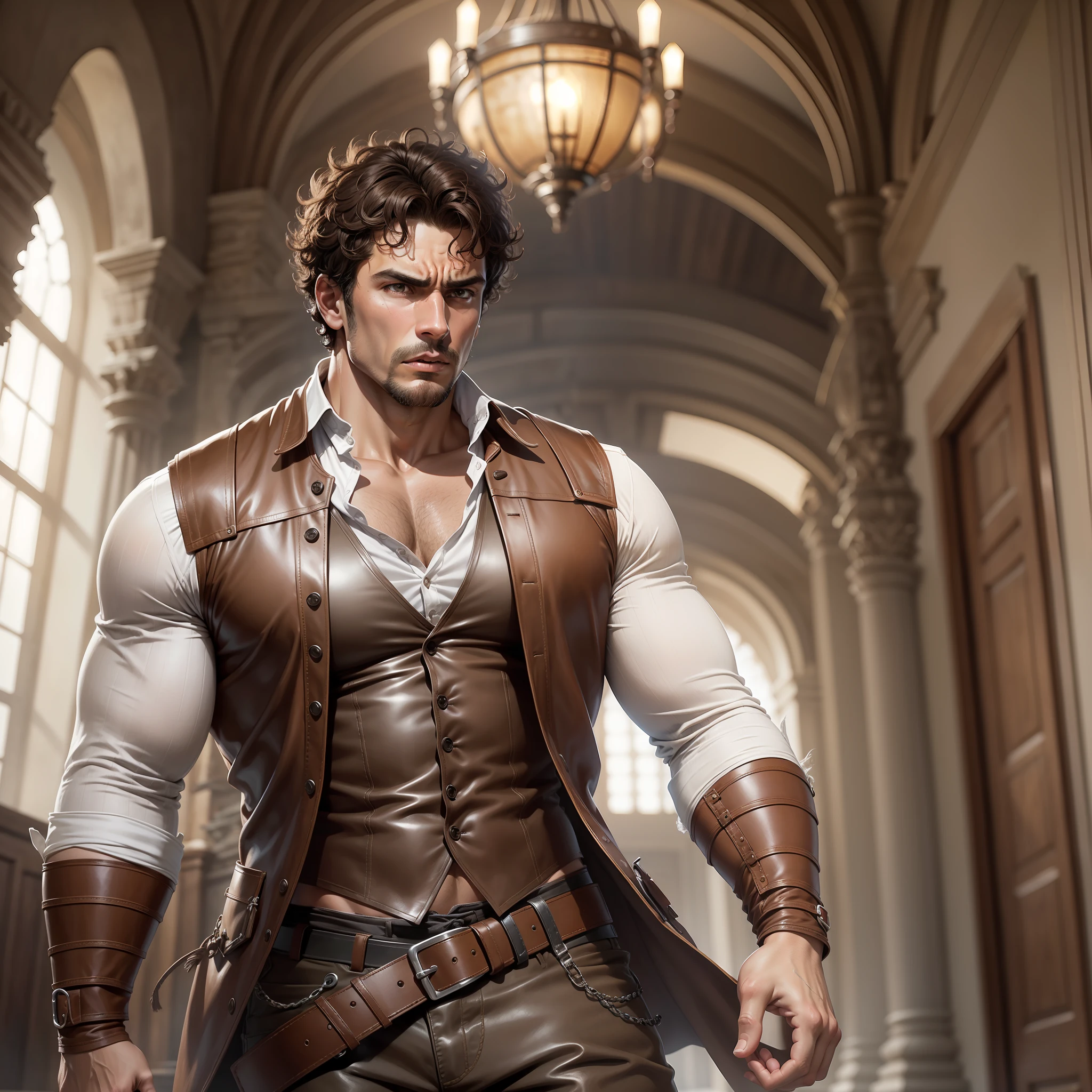 realistic image of a handsome, strong man, short curly hair, dressed in rustic closed clothes brown leather and white blouse underneath, expression of anger, scenery of an inner hall of a palace