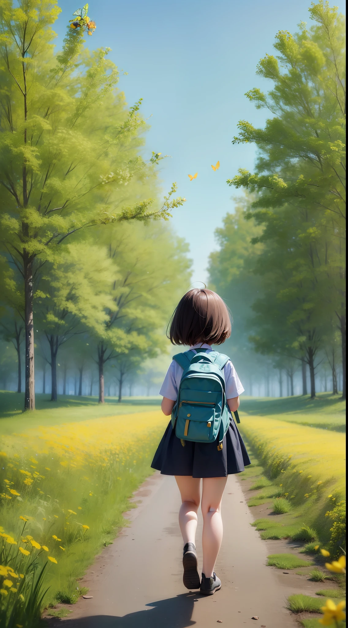 A charming girl carrying a backpack and carrying her cute little dog looks at the audience and enjoys a cute spring outing surrounded by beautiful yellow flowers and natural scenery. The illustration is a high-definition illustration in 4K resolution with highly detailed facial features and cartoon-style visuals, (Butterfly Dance)