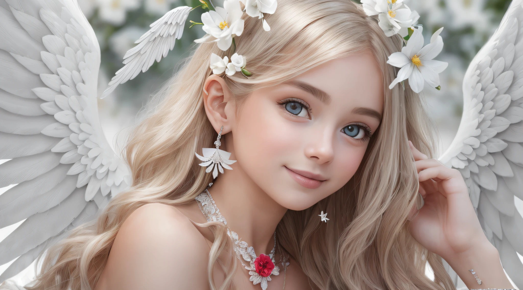 delicate, masterpiece, beautiful detailed, black and white, finely detailed, (50mm Sigma f/1.4 ZEISS lens, F1.4, 1/800s, ISO 100, fotograpy:1.1), lens flare, (photorealistic:1.1), detailed lips, intricate details, 1girl, solo, (a beautiful ), long curly blonde hair, (angel wings:1.4), (white wings:1.2), (symmetrical wings: 1.5), (jewelry:1.5), (necklace:1.2), (diamond:1.3), bracelet, earrings, choker, (white thighs:1.2), (looking at the viewer:1.2), sexy pose, erotic pose, front view, (innocent smile:1.3), (covered, (on a red background 1.5), sky, (detailed background), (blurred background:0.8), (white flower:1.3), (pureerosface_v1:0.85), --auto --s2