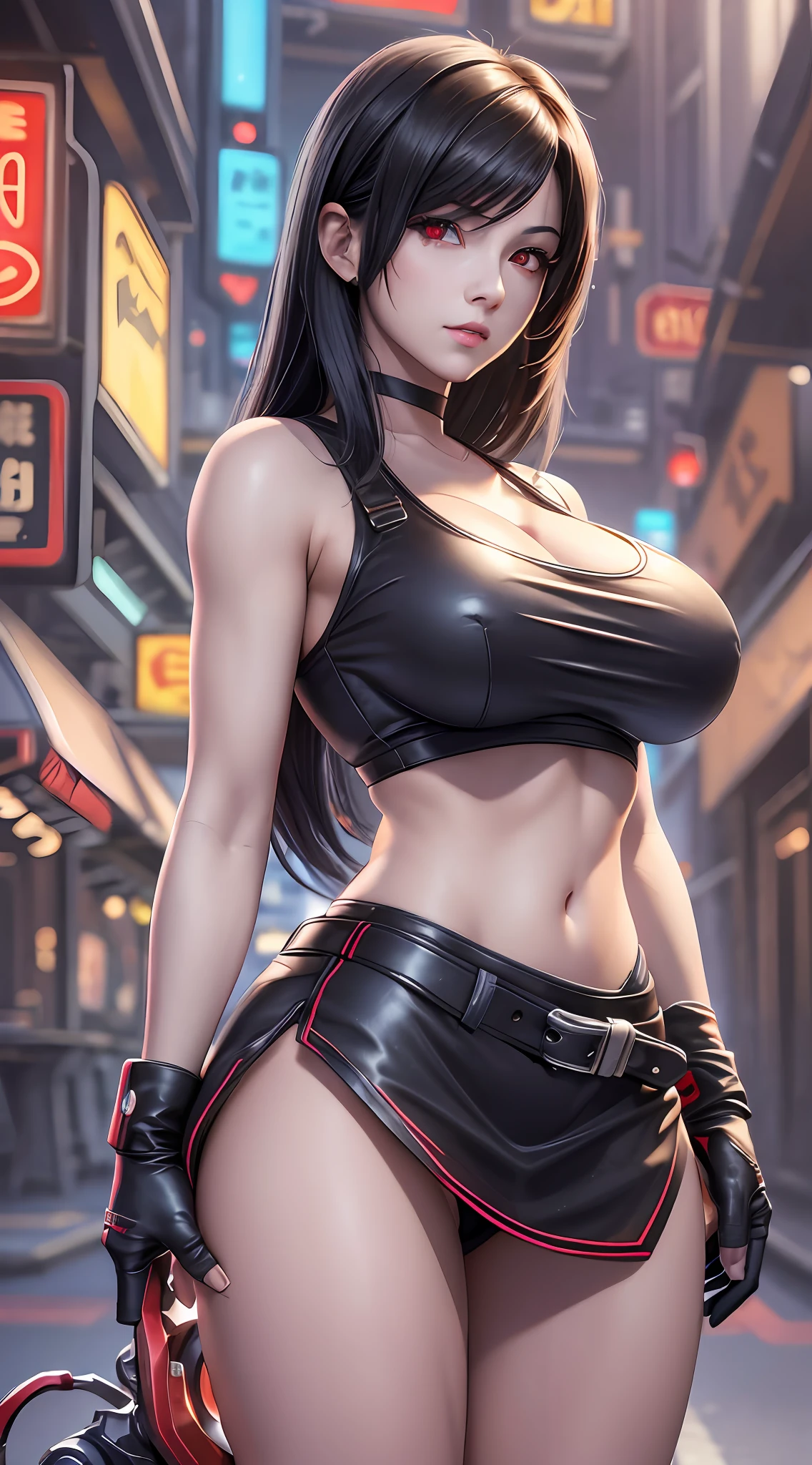 Tifa lockhart, tifa_lockhart, ff7, sultry face, (white tank top:1.2), black miniskirt, (black long hair), hair bangs (red eyes:1.3) long eyelashes, beautiful red eyes with brightness, surrealism, shadow, stereogram, (photorealistic, realistic: 1.2), POV, atmospheric perspective, cinematic lighting, ray tracing, 8k, super detail, best quality, masterpiece, well detailed, (Canan EOS R6, 135mm, 1/1250s, f/2.8, ISO 400:0.9), cyberpunk, neon, neon signs, ramen shops, (huge breasts:1.5) red gloves --auto --s2