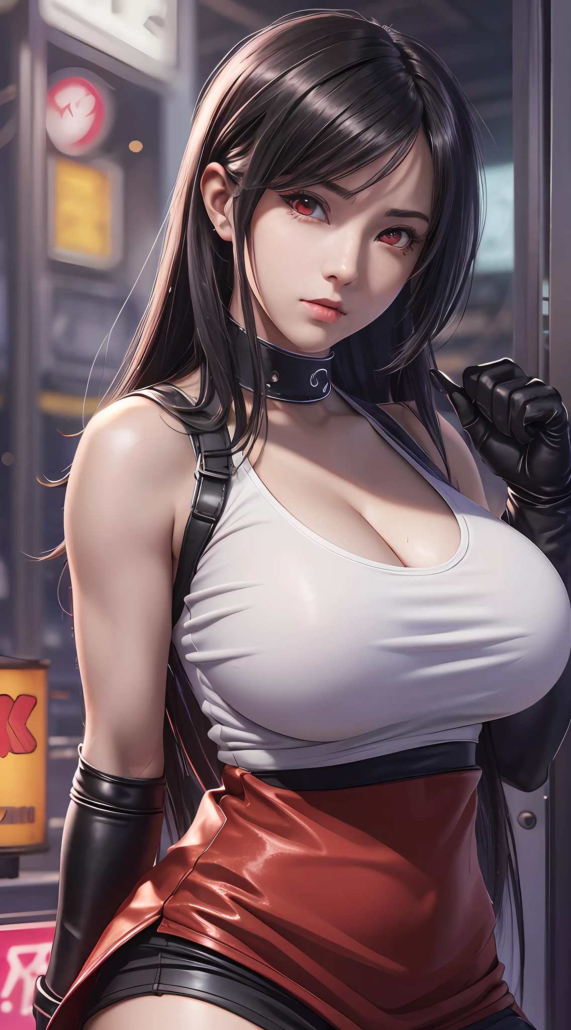 Tifa lockhart, tifa_lockhart, ff7, sultry face, (white tank top:1.2), black miniskirt, (black long hair), hair bangs (red eyes:1.3) long eyelashes, beautiful red eyes with brightness, surrealism, shadow, stereogram, (photorealistic, realistic: 1.2), POV, atmospheric perspective, cinematic lighting, ray tracing, 8k, super detail, best quality, masterpiece, well detailed, (Canan EOS R6, 135mm, 1/1250s, f/2.8, ISO 400:0.9), cyberpunk, neon, neon signs, ramen shops, (huge breasts:1.5) red gloves --auto --s2