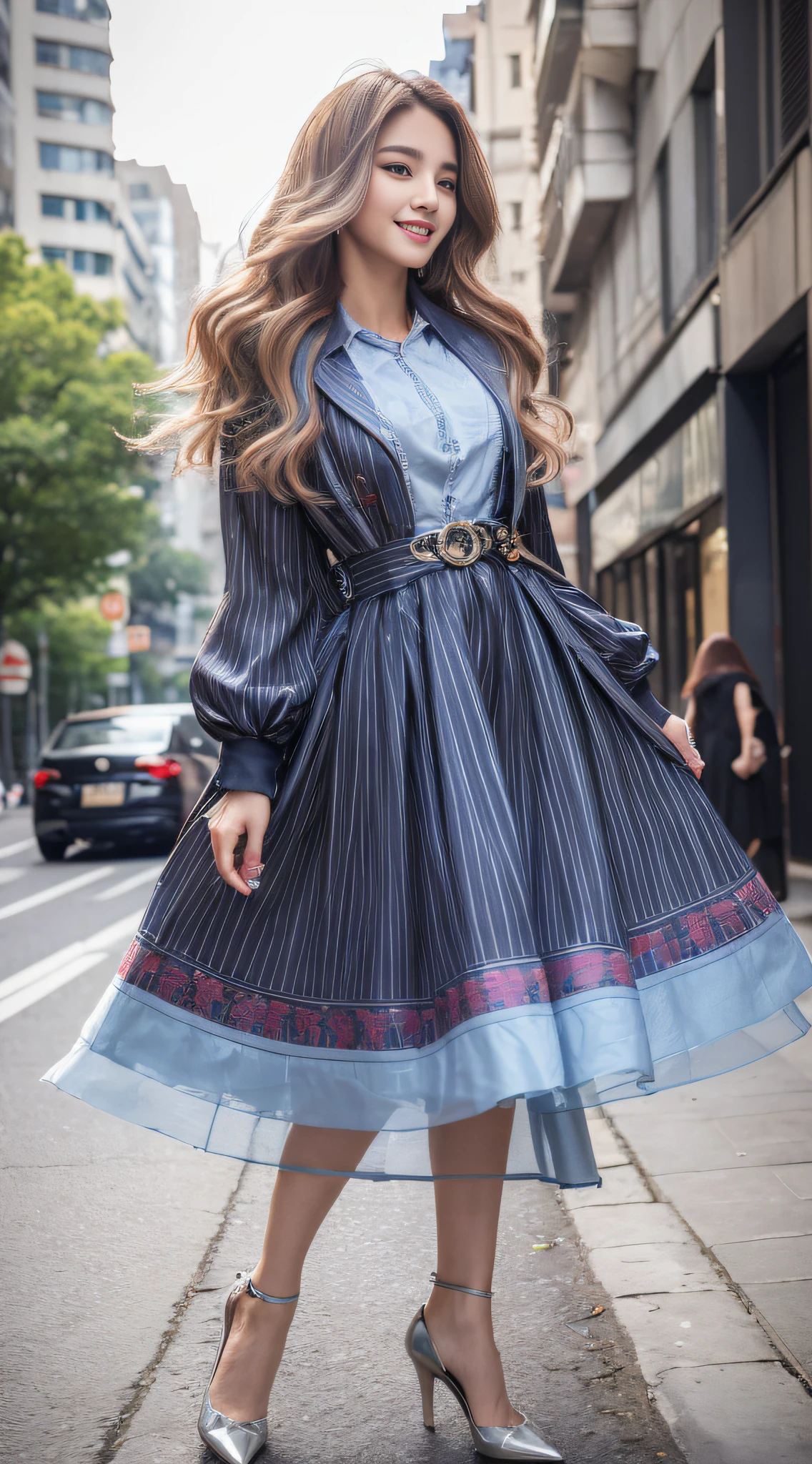 ((Best Quality, 8k, Masterpiece: 1.3)), 1 Girl, Smile, Full Body, Slim Face, Pretty Woman, (Free hair color), Free Color Full Length Dresses: 1.1, Stylish pumps, Ultra Detailed Face, Detailed Eyes, Double Eyelids, Blurred Background, Slim Face, City, Outside, Street,