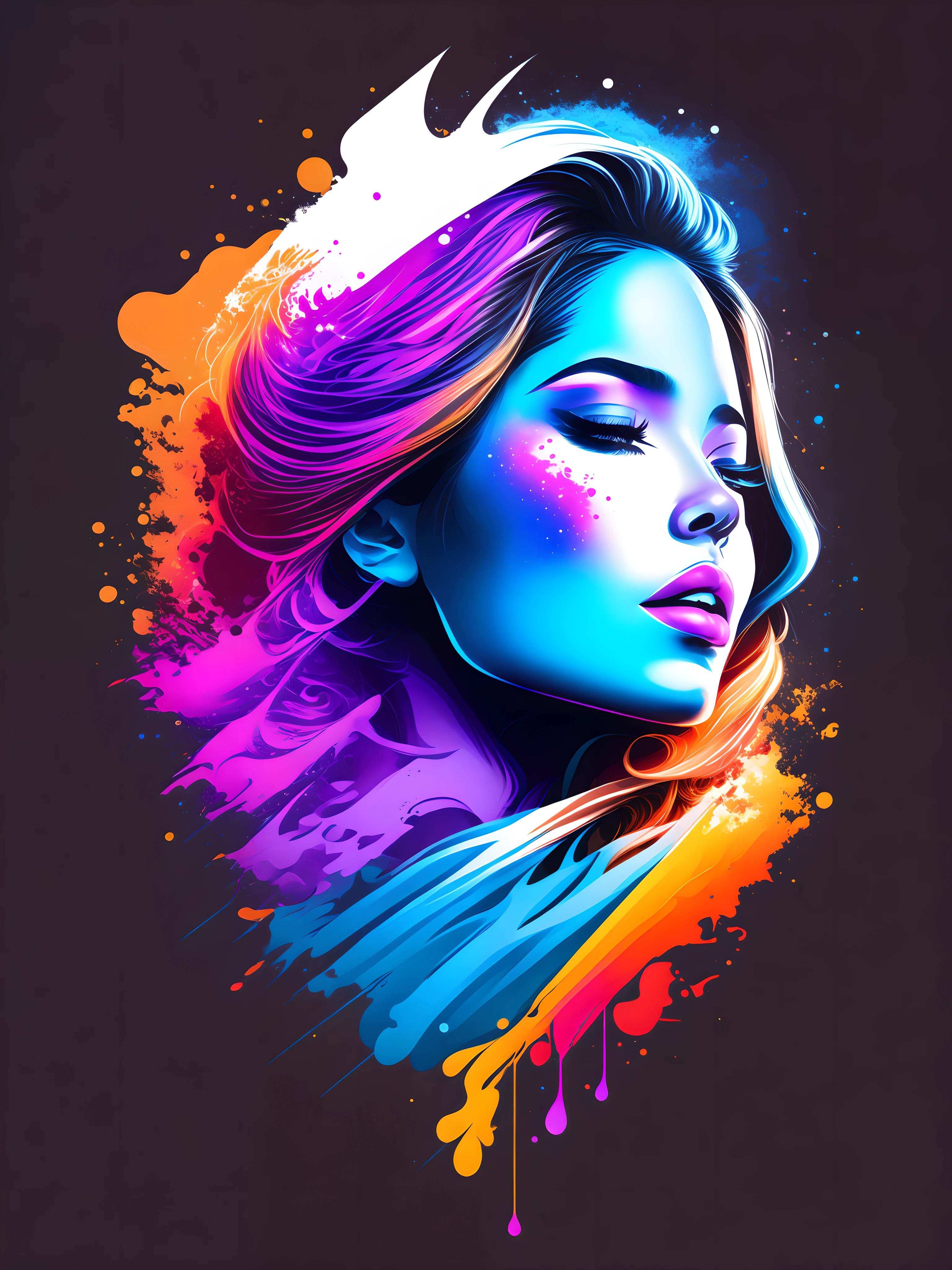 female face splash art, t-shirt design, rzminjourney, vector art, colorful