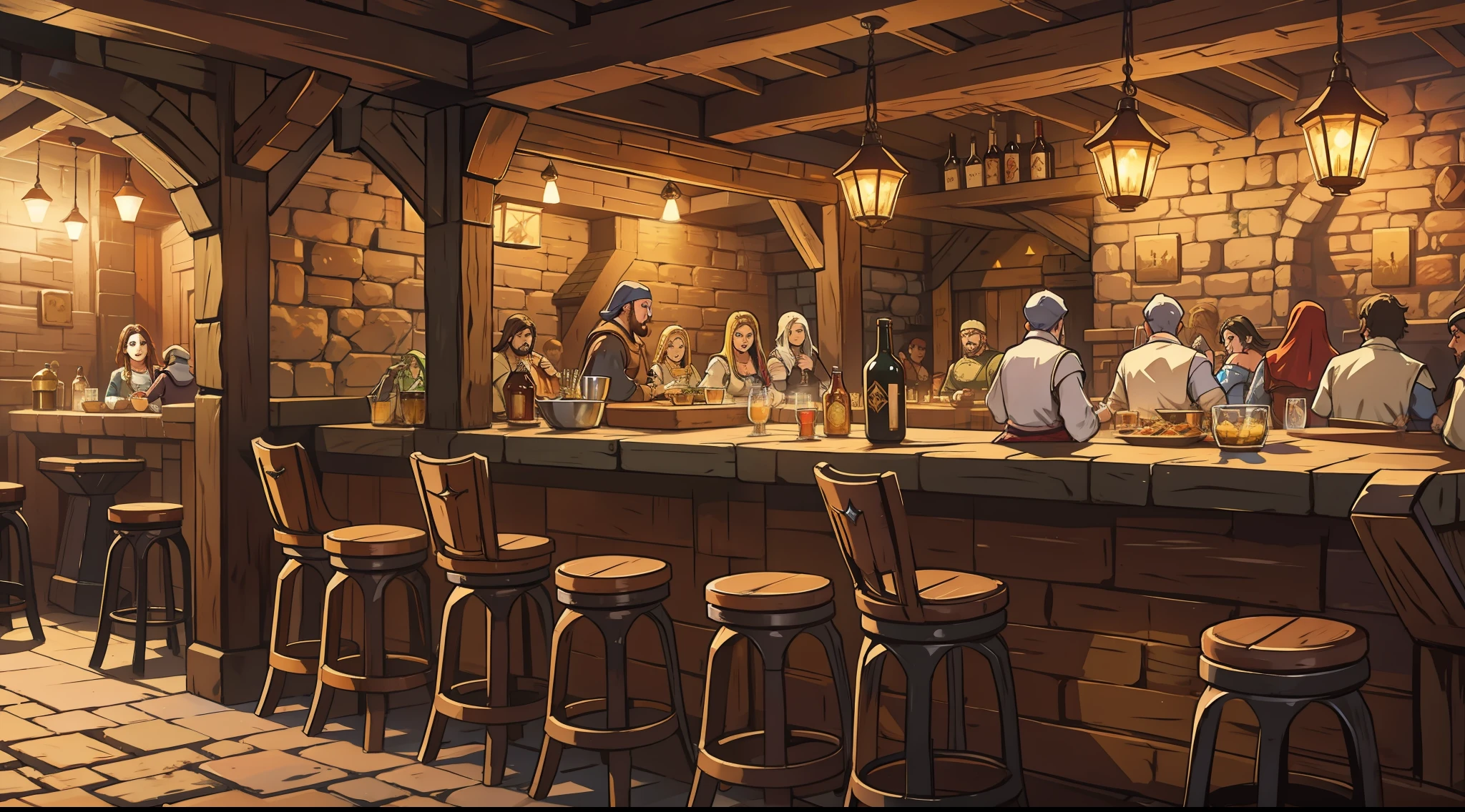 A medieval RPG tavern with multiple tables and people partying and a grumpy tavern on the counter