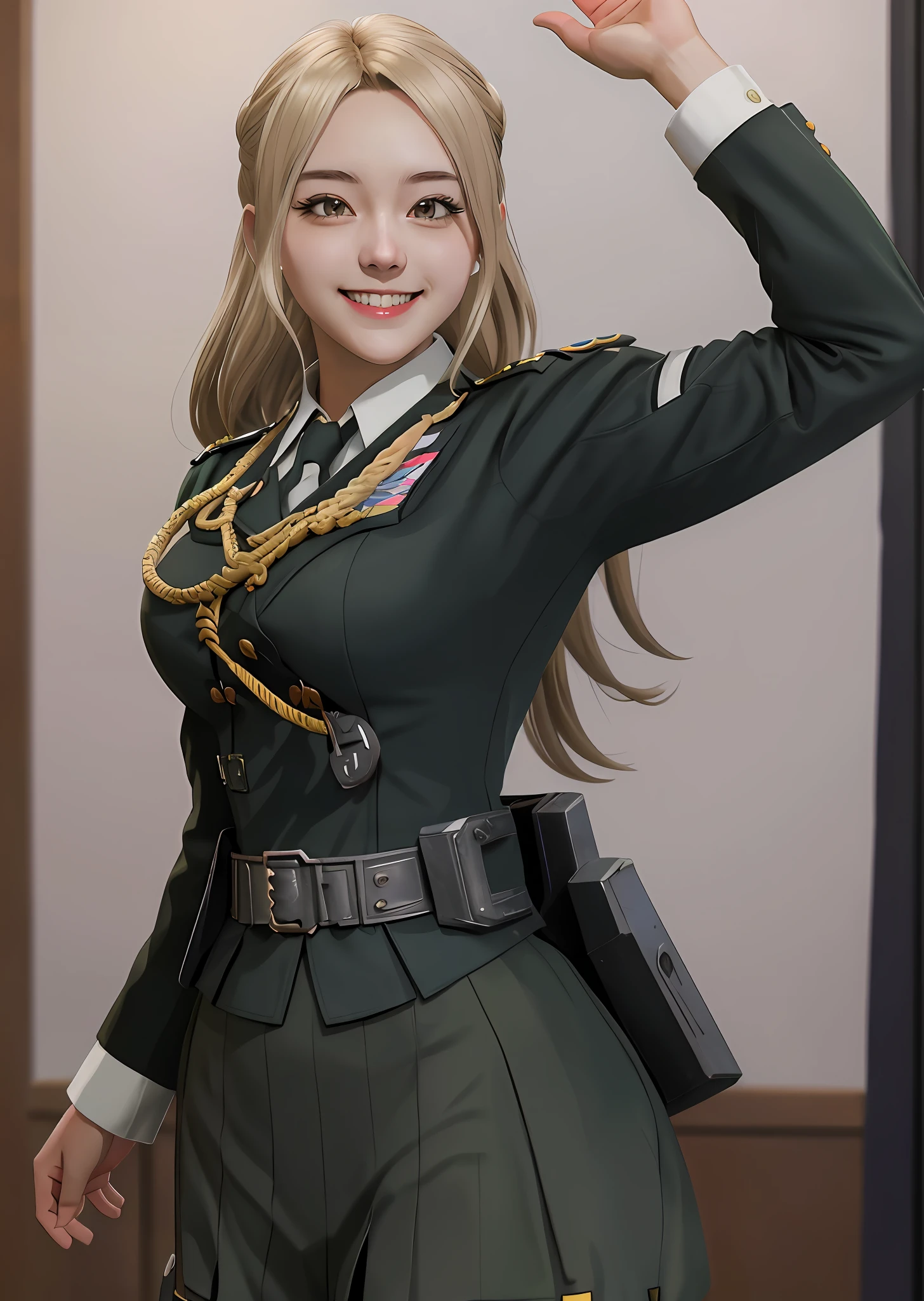 Mirko from My Hero Academia, Azure Lane, trending anime realism on Pixiv, sfw, kawaii, military outfit, high rank soldier, in office, WWII, crazy smile, dictator, military leader of the German Military in World War 2, sinister beauty, Third Reich, German military officer waifu, Photorealistic, highly detailed, hyperrealism, ray tracing, high quality vector, high resolution, bunnygirl military Waifu, large breasts, hentai, lewd