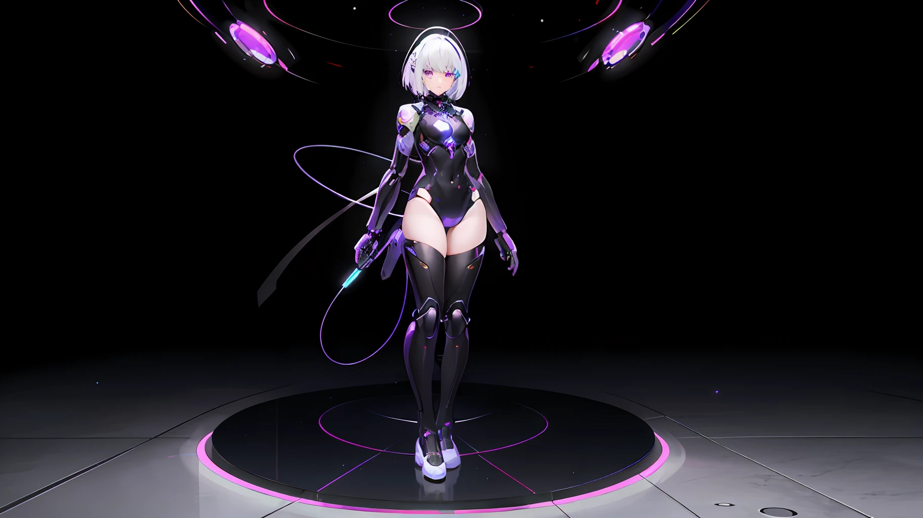 1girl,(cybernetic suit), (full body:1.7),([white hair| multicolored]), purple eyes, sci-fi display, natural lighting, light particles,(8k),on the street,