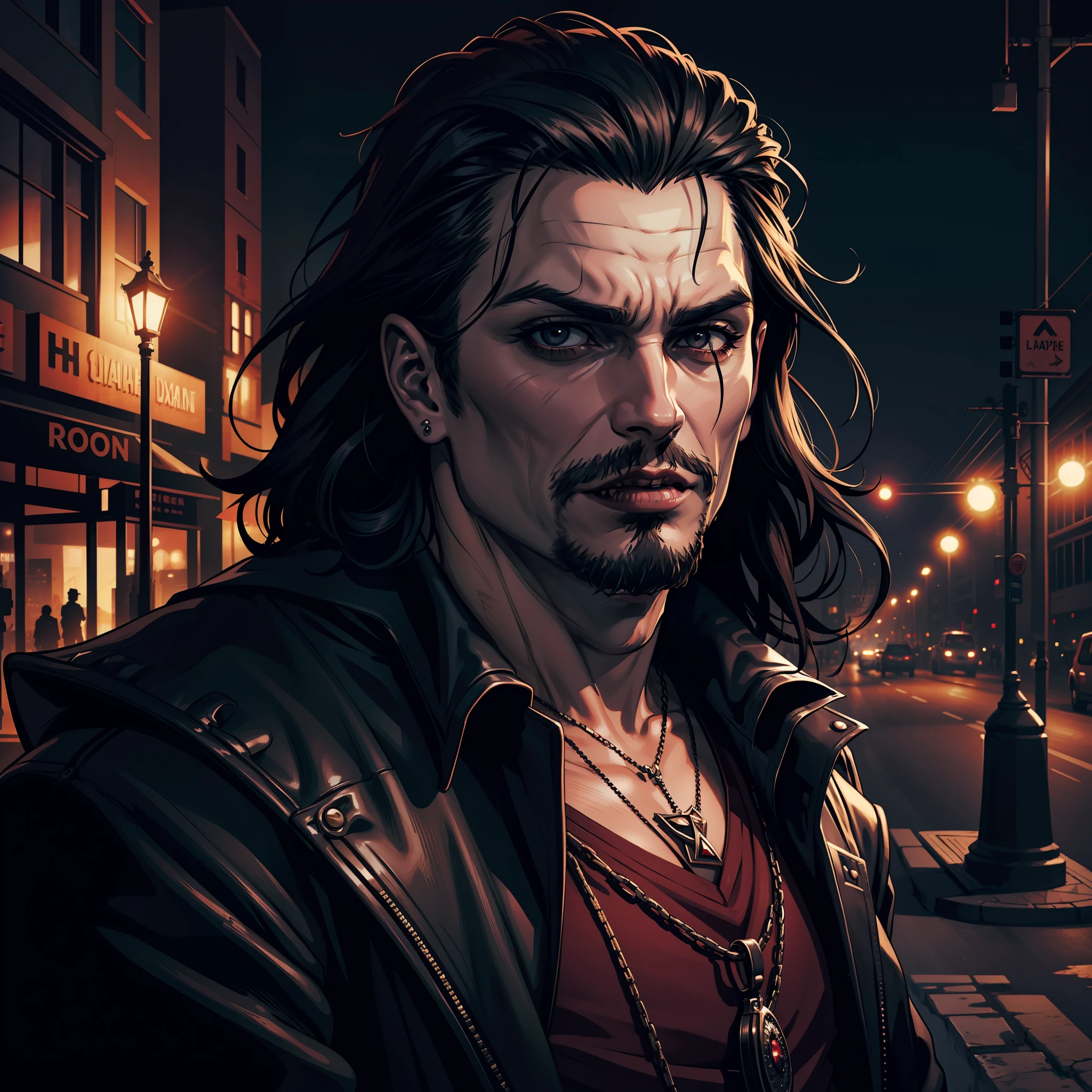 (extremely detailed 8k wallpaper), dark theme, Vampire the Masquerade, modern horror, 2020s, middle-aged gypsy man, wearing hippie clothes, sharp focus, (subsurface scattering:1.1), award-winning photography, centered face, Johnny Depp's face, ((a Malkavian vampire))), half-body shot:1.1, short black hair, supernatural black eyes, sympathetic expression, nighttime highway side, dramatic lighting