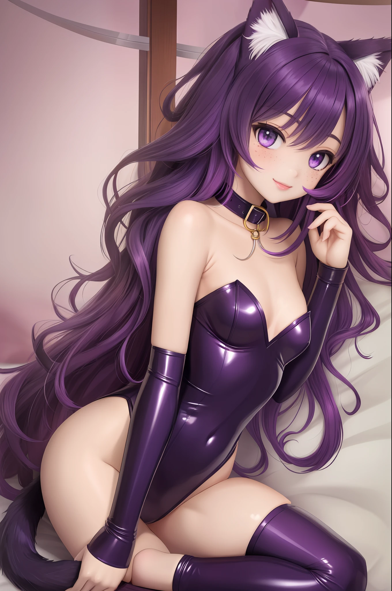 loli, flat chest, big lips, purple latex highleg strapless leotard, lipstick, long hair, cat ears, multicolored hair, striped cat tail, wavy hair, bell collar, freckles, light smile