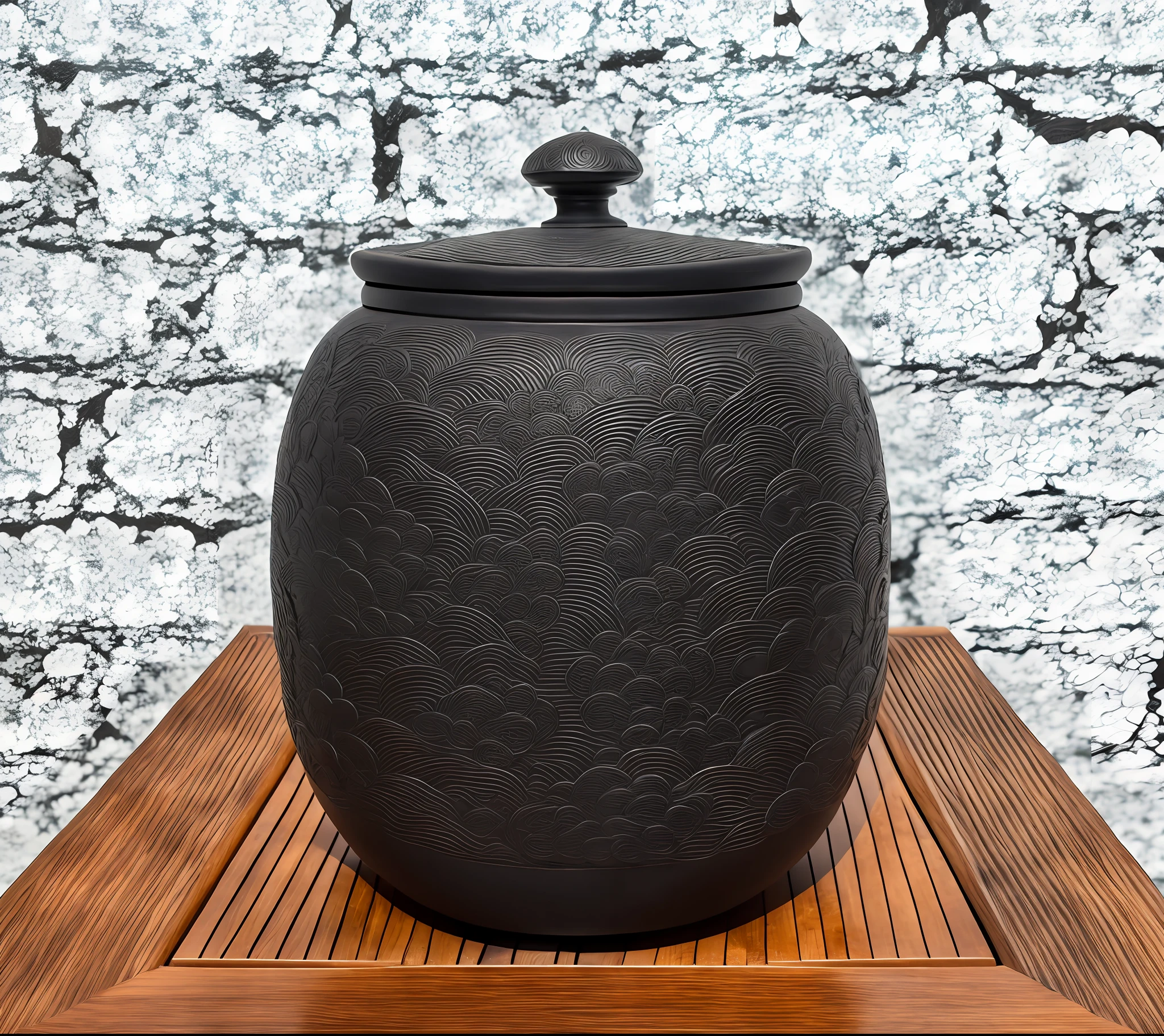 Black jar, Japanese tea ceremony style, intricately carved, ivory carving, ((masterpiece)), intricate details, dramatic and clear background, high resolution, 8k