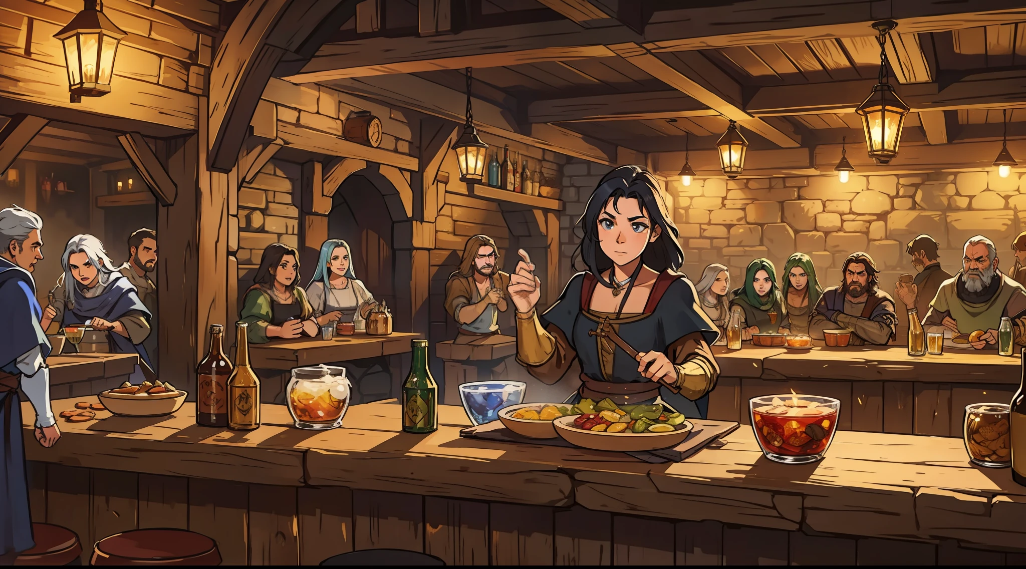 A medieval RPG tavern with multiple tables and people partying and a grumpy tavern on the counter