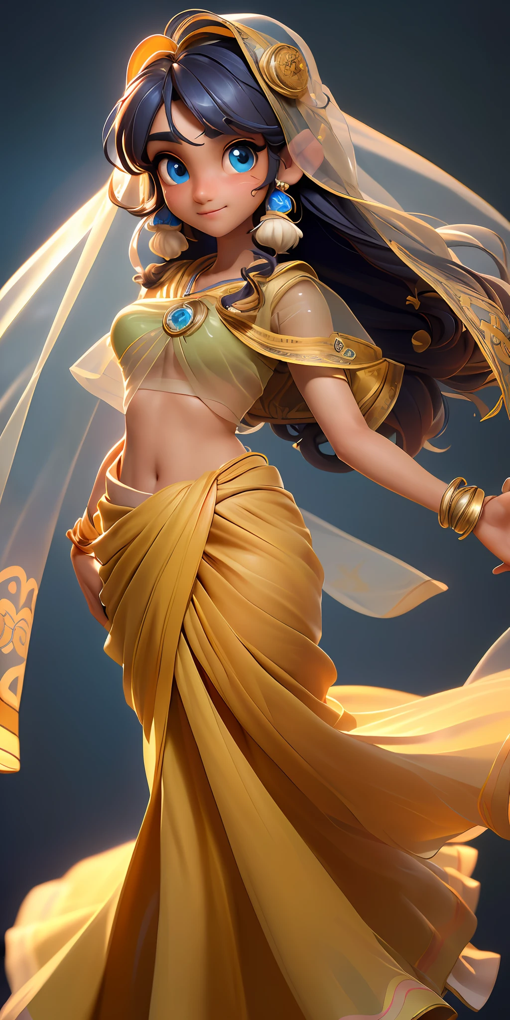 ((3D figure)), (extremely detailed CG Unity 8k wallpaper: 1.5), <(masterpiece: 1.5), (best quality: 1.7), high-resolution illustration, (finely detailed eyes and detailed face: 1.3), (detail: 1.3, best quality, (ultra-detailed), (extremely delicate and beautiful), (masterpiece: 1.5), cinematic light, dynamic angle, floating, sharp focus, (2D: 1.7), (best quality: 1.3), ((disheveled hair: 1.2), (beautiful detailed eyes: 1.1), (cinematic light: 1.1), Indian teenage girl dressed in Indian sari, transparent veil on her face, dancing
