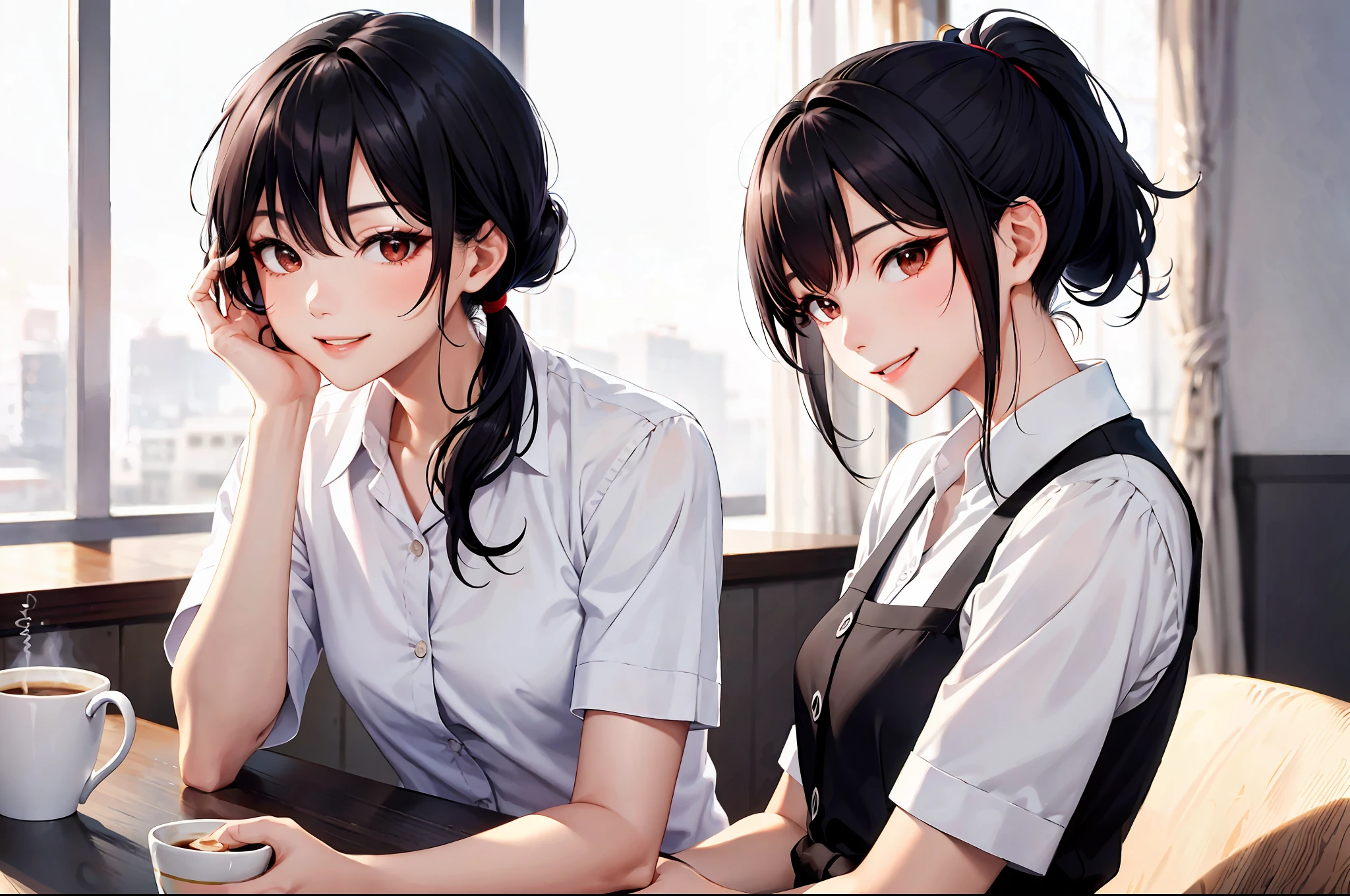Korean girl, black hair, older sister, smiling at narrator with hair tied in ponytail, high quality image, masterpiece, (beautiful girl, café, seductive, virgin, sexy), (secretary), ahgao, slouching
