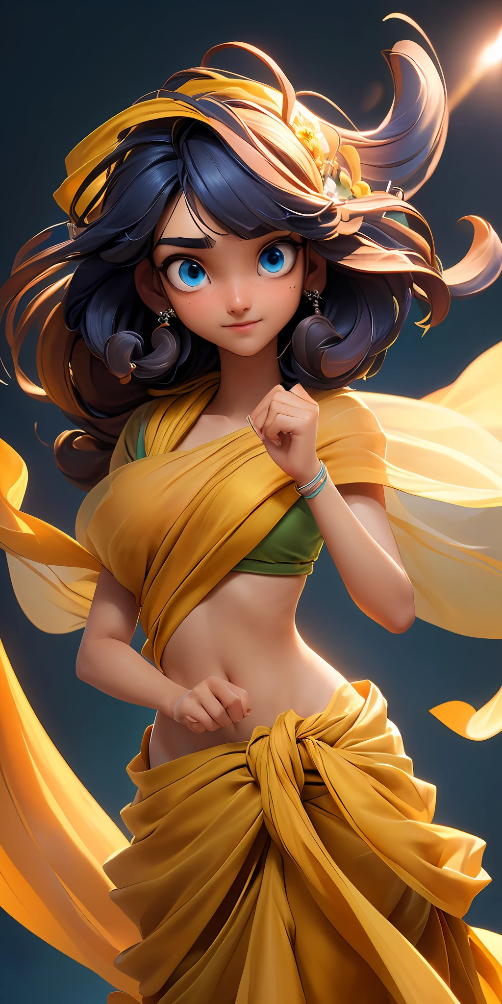 ((3D figure)), (extremely detailed CG Unity 8k wallpaper: 1.5), <(masterpiece: 1.5), (best quality: 1.7), high-resolution illustration, (finely detailed eyes and detailed face: 1.3), (detail: 1.3, best quality, (ultra-detailed), (extremely delicate and beautiful), (masterpiece: 1.5), cinematic light, dynamic angle, floating, sharp focus, (2D: 1.7), (best quality: 1.3), ((disheveled hair: 1.2), (beautiful detailed eyes: 1.1), (cinematic light: 1.1), Indian teenage girl dressed in Indian sari, transparent veil on her face, dancing