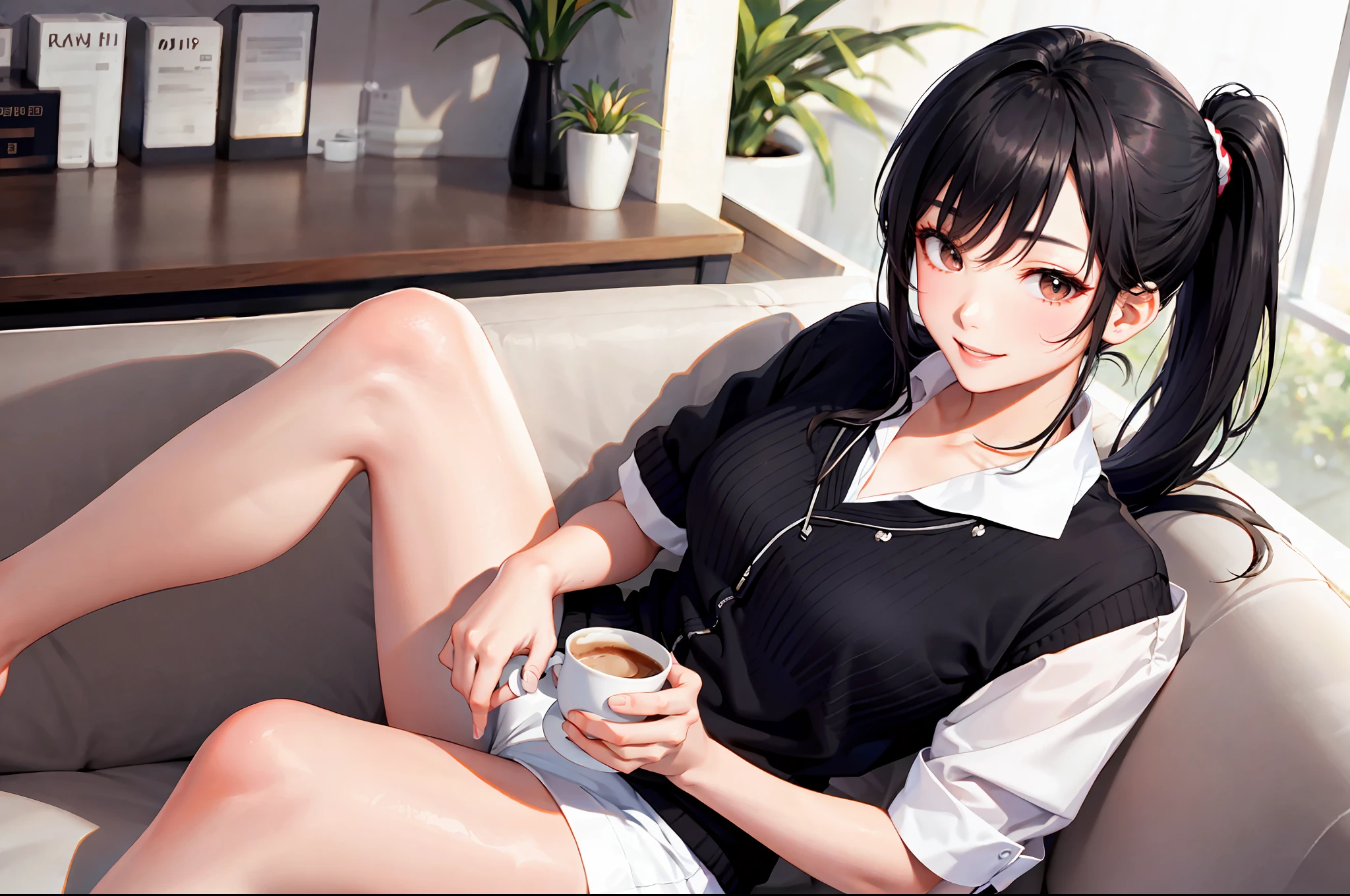 Korean girl, black hair, older sister, smiling at narrator with hair tied in ponytail, high quality image, masterpiece, (beautiful girl, café, seductive, virgin, sexy), (secretary), ahgao, slouching