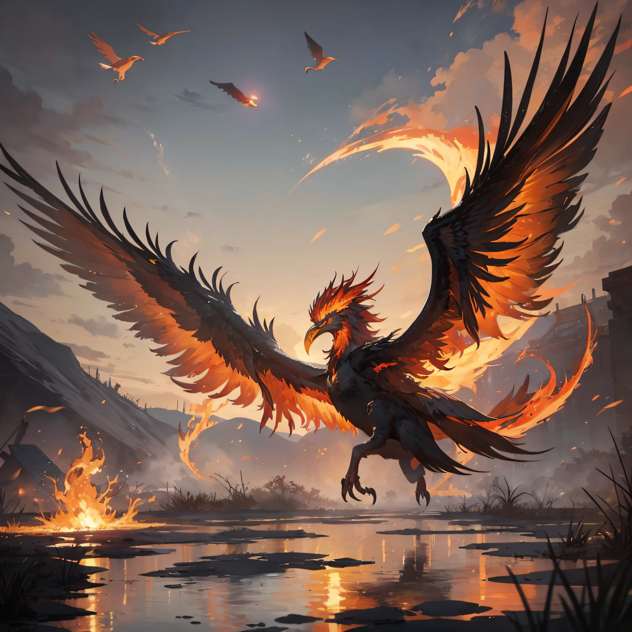 A flaming phoenix flying over a swamp with an army and lots of fog --auto --s2