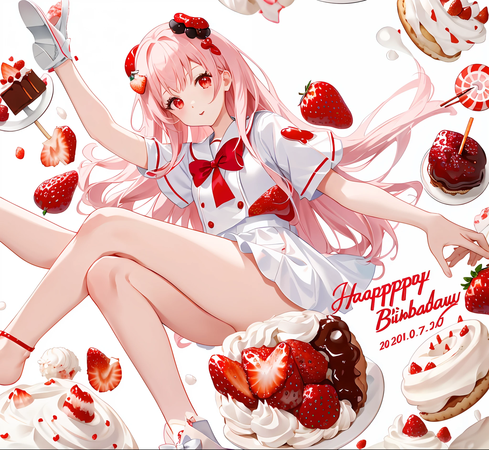strawberry, a girl, extreme details, happy birthday, white background, cute pie style, 8K, super fine, super hd, playful cute, detail face, detail hair, long hair, fresh atmosphere, fresh and hearty, super clear, super high-definition, strawberry, birthday cake, good mood, strawberry cake, ice cream, short sleeves, pantyhose, red and white, fair complexion, white skin, miniskirt, cream, donut, delicious, chocolate, birthday cake, strawberry flavor, strawberry juice, super close, suspended , cookies, ice cubes, love, pocky, ultra hd, seduction, dynamic, open posture, ultra-close, ultra-high-definition, depth of field, candy, huge image, sweet and sour, bow, sailor suit, beautiful legs,