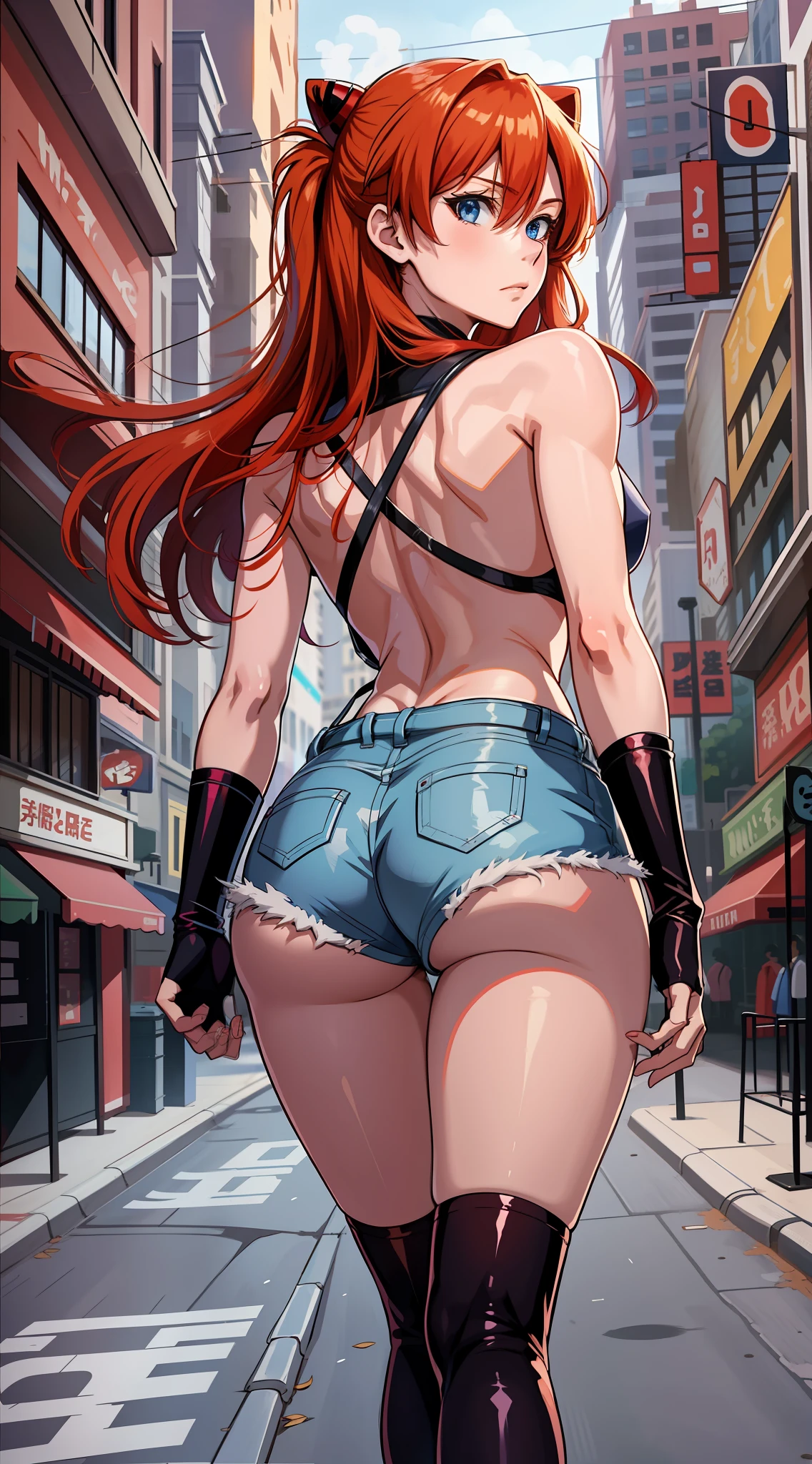 anime screencap, city, 1girl, solo, red hair, blue eyes, looking at the viewer, lustful, small breasts, closed mouth, ass, wide hips, short top, short shorts, unbuttoned shorts, walking, perfect legs, erotica, back