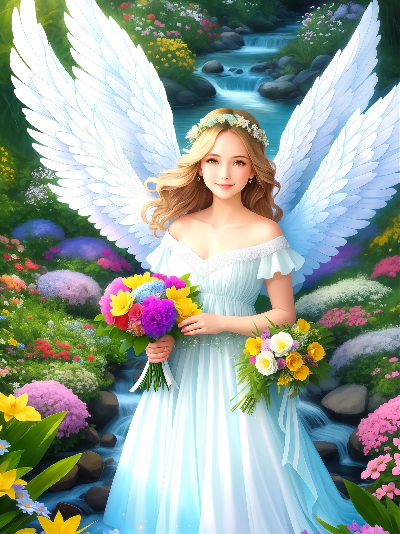 angel forest, fantastic, gentle and bright smile, wrapped in light, angel wings, playing, iridescent stream, iridescent flower garden, flowers, bouquet holder, Lassen