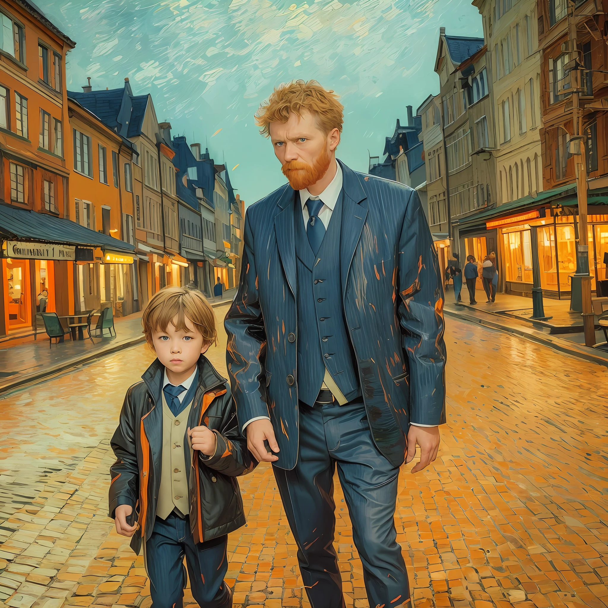 Father and son working in an industry, expressing satisfaction and serenity. Van Gogh and Munch style with intense brushstrokes, orange and blue colors. her Eyes are expressives --auto --s2