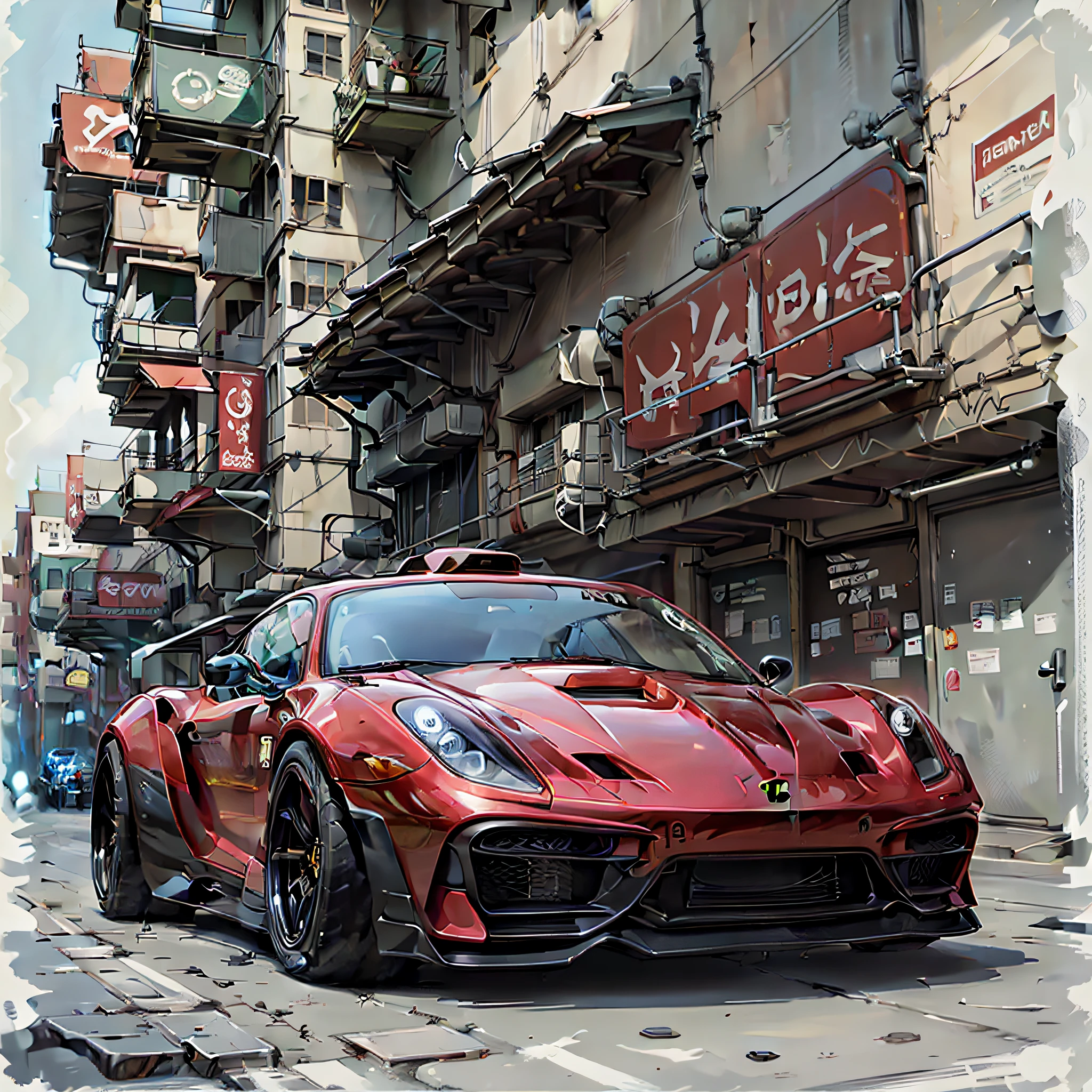 UP vehicle, in Ferrari red color, with sports wheels rim 17, tires 215, lowered, with chrome exhaust, dark windows, with a drawing of a horse on the hood, high resolution