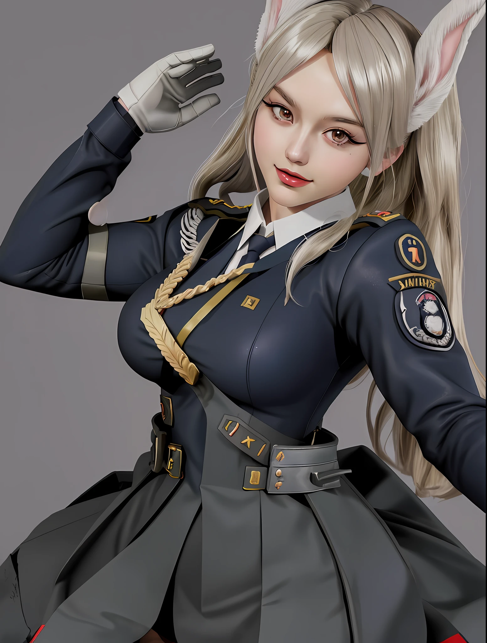 Sexy Mirko from My Hero Academia as a bunnygirl military officer waifu, Azure Lane, trending anime realism on Pixiv, sfw, kawaii, military outfit, high rank soldier, beautiful make-up, eyeshadow, lipstick, full lips, wide hips, shiny skin, breasts covered in baby oil, exposed breasts, in office, WWII, crazy smile, dictator, military leader of the German Military in World War 2, sinister beauty, Third Reich, German military officer waifu, Photorealistic, highly detailed, hyperrealism, ray tracing, high quality vector, high resolution, bunnygirl military Waifu, large breasts, hentai, lewd, 2 bunny ears, 1 girl