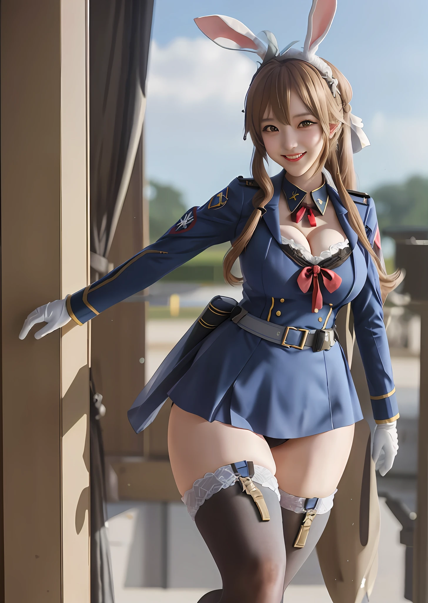 Hiryuu bunnygirl from Azure Lane, cleavage, trending anime realism on Pixiv, sfw, kawaii, military outfit, high rank soldier, in office, WWII, crazy smile, laughing maniacally, sinister beauty, Third Reich, German military officer waifu, Photorealistic, highly detailed, hyperrealism, ray tracing, high quality vector, high resolution, bunnygirl military Waifu, camel toe, large breasts, hentai, lewd