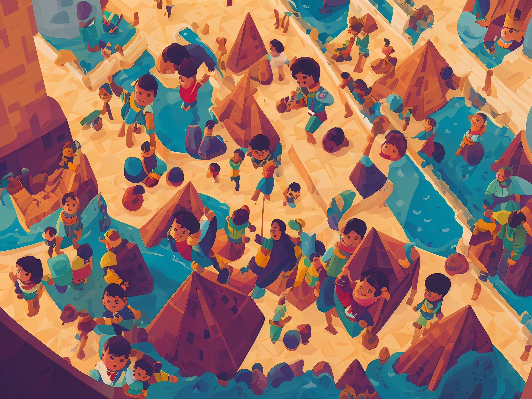 Boys and girls traveling the world on flying bunk beds floating in the air, looking down at the pyramids from above