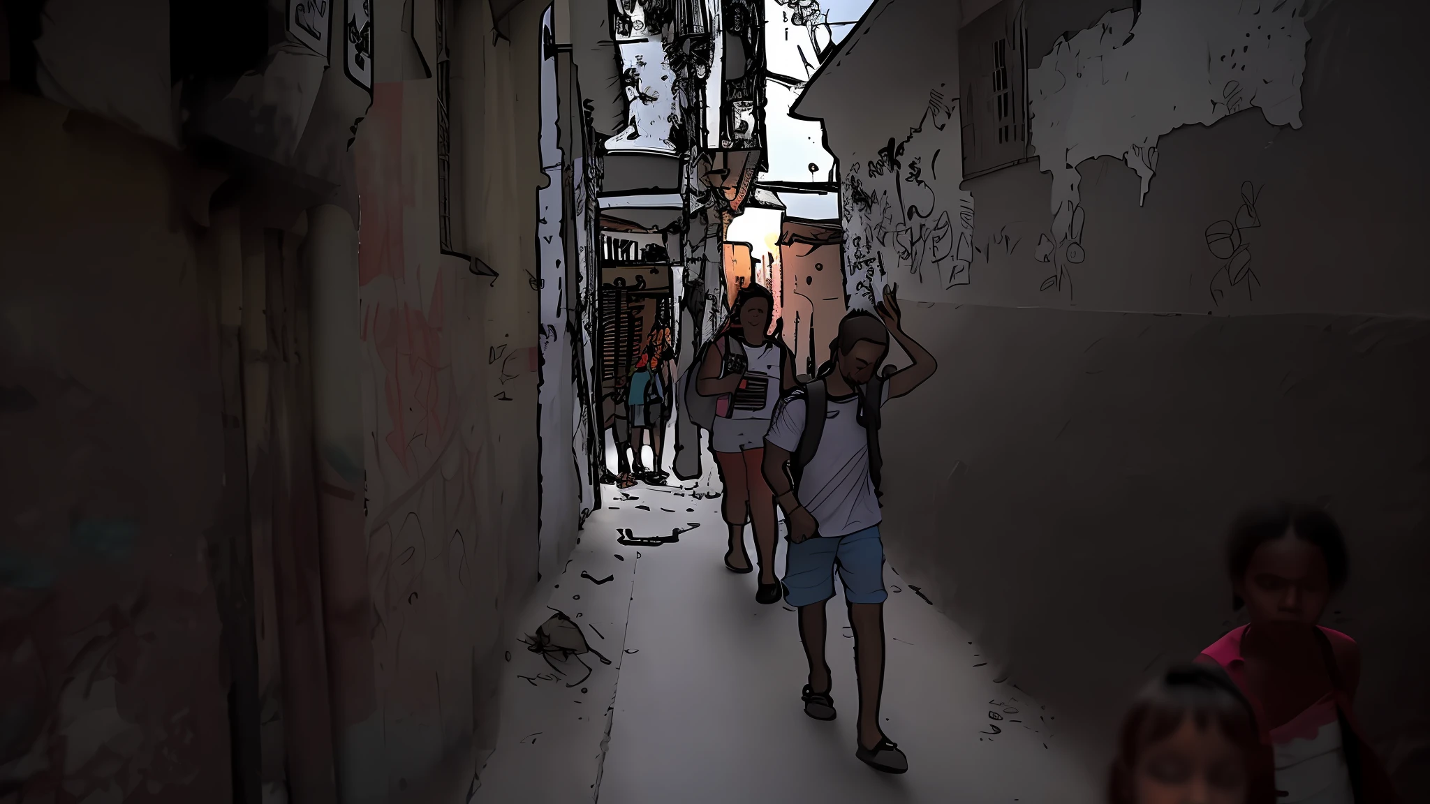 there are two people walking down a narrow alley way, location ( favela _ wall ), location ( favela ), streets of salvador, favela, rio de janeiro favela, favelas, travelers walking the streets, people in the streets, favelas in rio, shady alleys, by João Artur da Silva, people on the streets, back alley --auto --s2