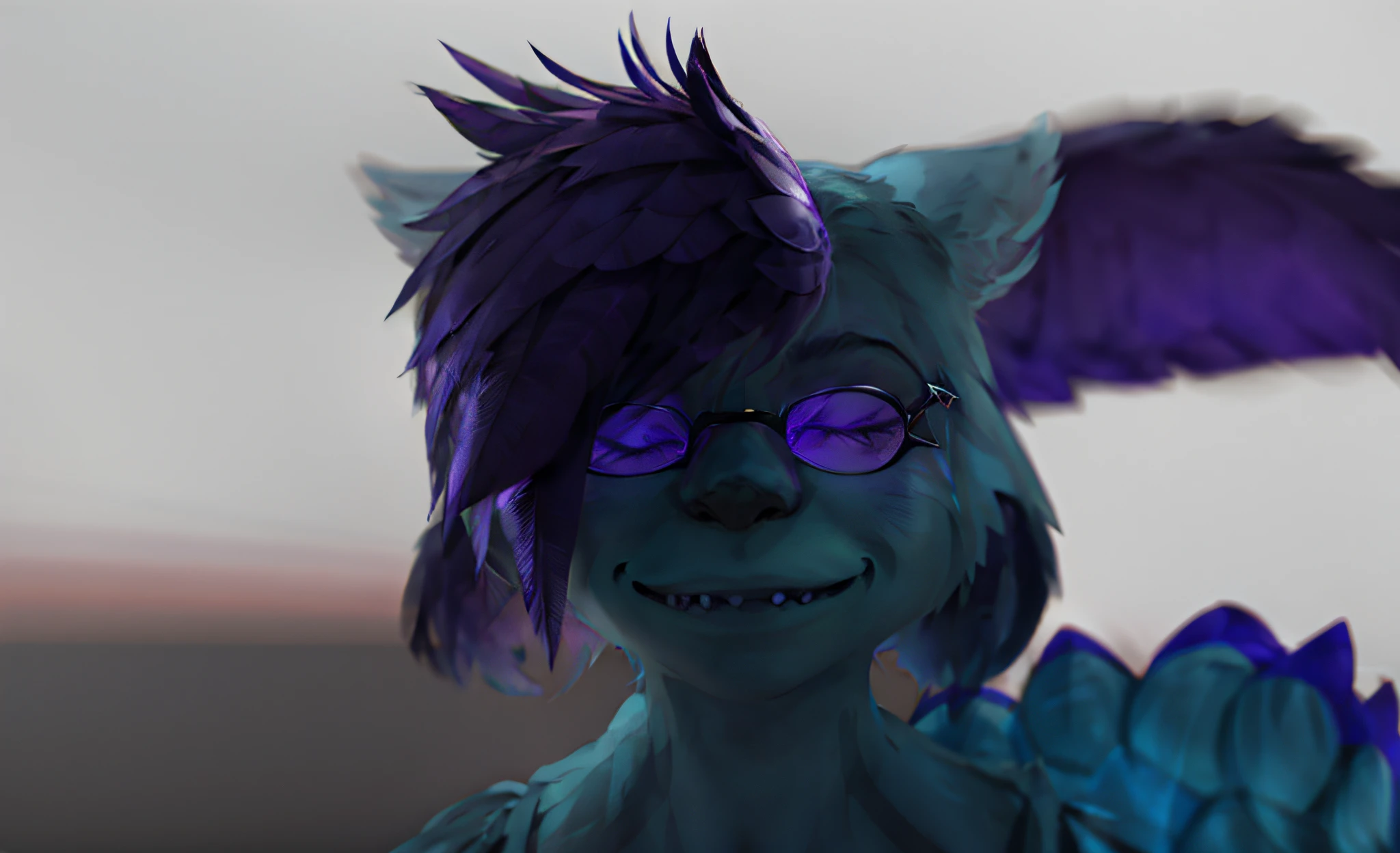 avali, avian, long tail, four ears, purple hair, blue body, purple shiny glasses, grin, smiling, smirk, furry, feathery, rendered in sfm, stylized as a 3d render, rendered in octane, discord pfp, 4 k octan render, rendered with octane, aesthetic octane render!, 3d rendered in octane, 3 d rendered in octane, stylized 3 d, soft 3d render