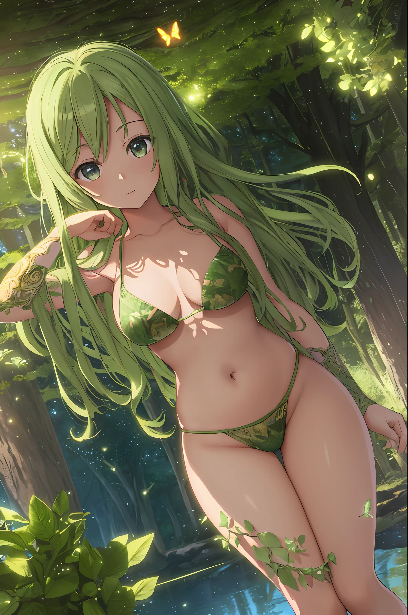 A masterpiece, the best quality, stunning reflections, the best reflections ever. (very detailed CG unity 8k wallpapers), (best quality), (best illustrations), (best shadows), forest theme with natural elements. Tall trees, quiet streams, small glowing mushrooms surrounded by delicate leaves and branches, with fireflies and glowing particle effects,, (natural elements), (jungle theme), (leaves), (twigs), (fireflies), butterflies, (delicate leaves), (glow), (particle effects). , Isometric 3D, Octane Rendering, Ray Traced, Super Detailed,1 girl, solo,((Ruby from anime Oshi no Ko: 1.3)), soft skin, lubricant skin, groin area, thicc thighs, huge breasts, wearing micro bikini, masterpiece,