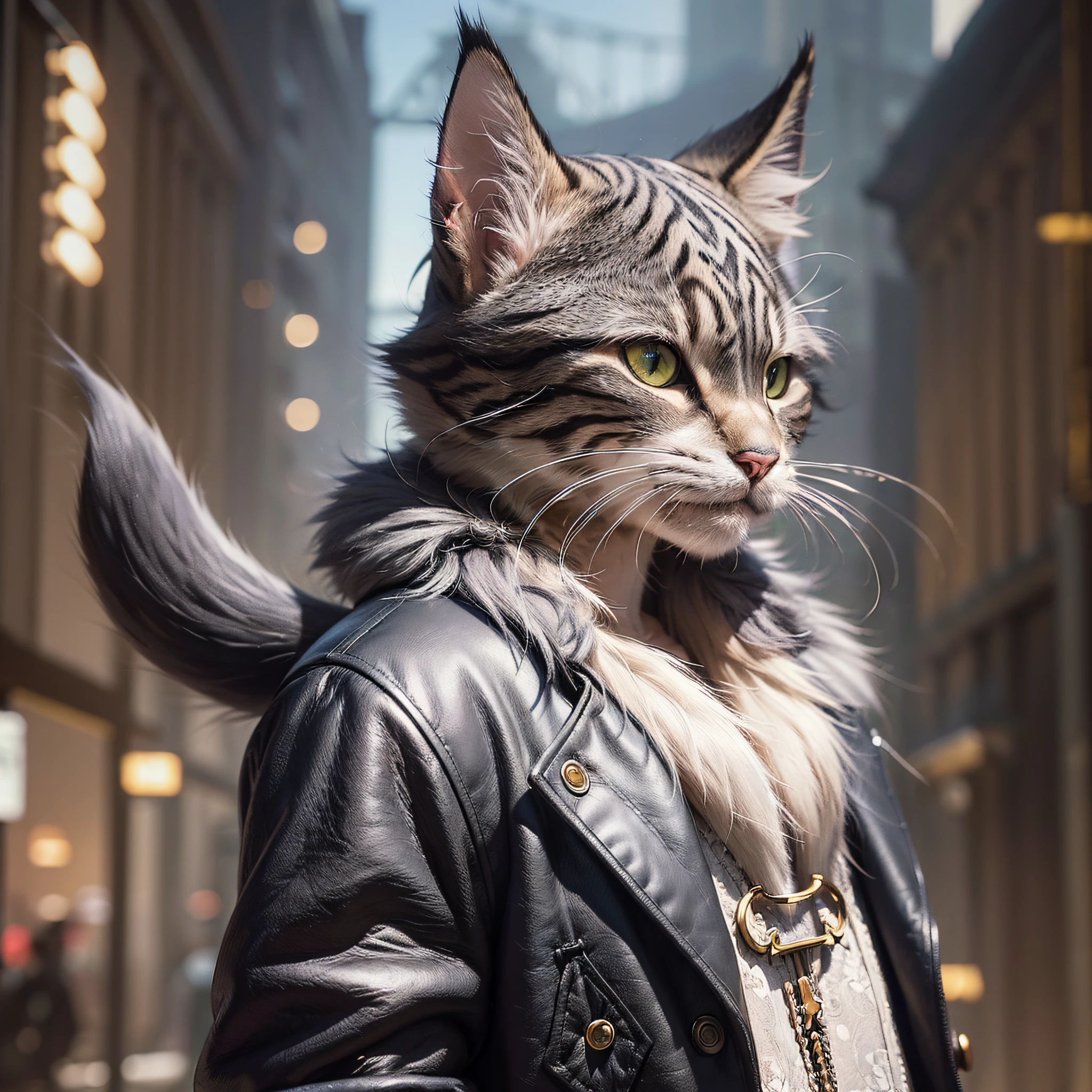 (((furry masterpiece))), ((best quality)), ((ultra-detailed)), ( CG illustration), cinematic light, single, full, ((1 cat furry shapeshifter)), overcoat, fedora hat, hyper-detailed, Ultra-Wide Angle, blending, high quality, high detail, textured leather, high quality, high details --auto --s2