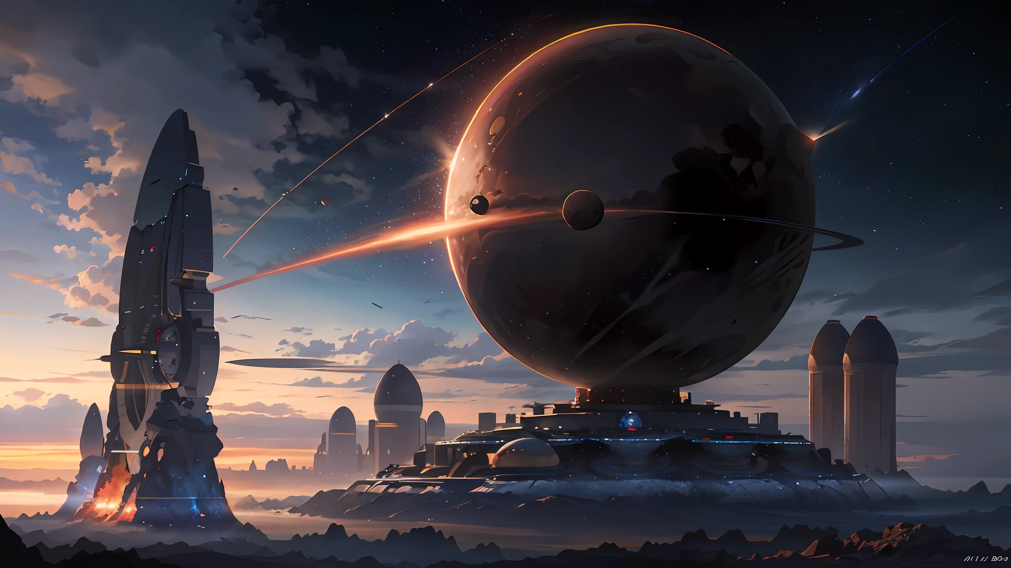 best quality, masterpiece,highly detailed,(photorealistic:1.4),science fiction,planet surface,megastructure,nuclear fusion,asteroids,space in background,distant view,