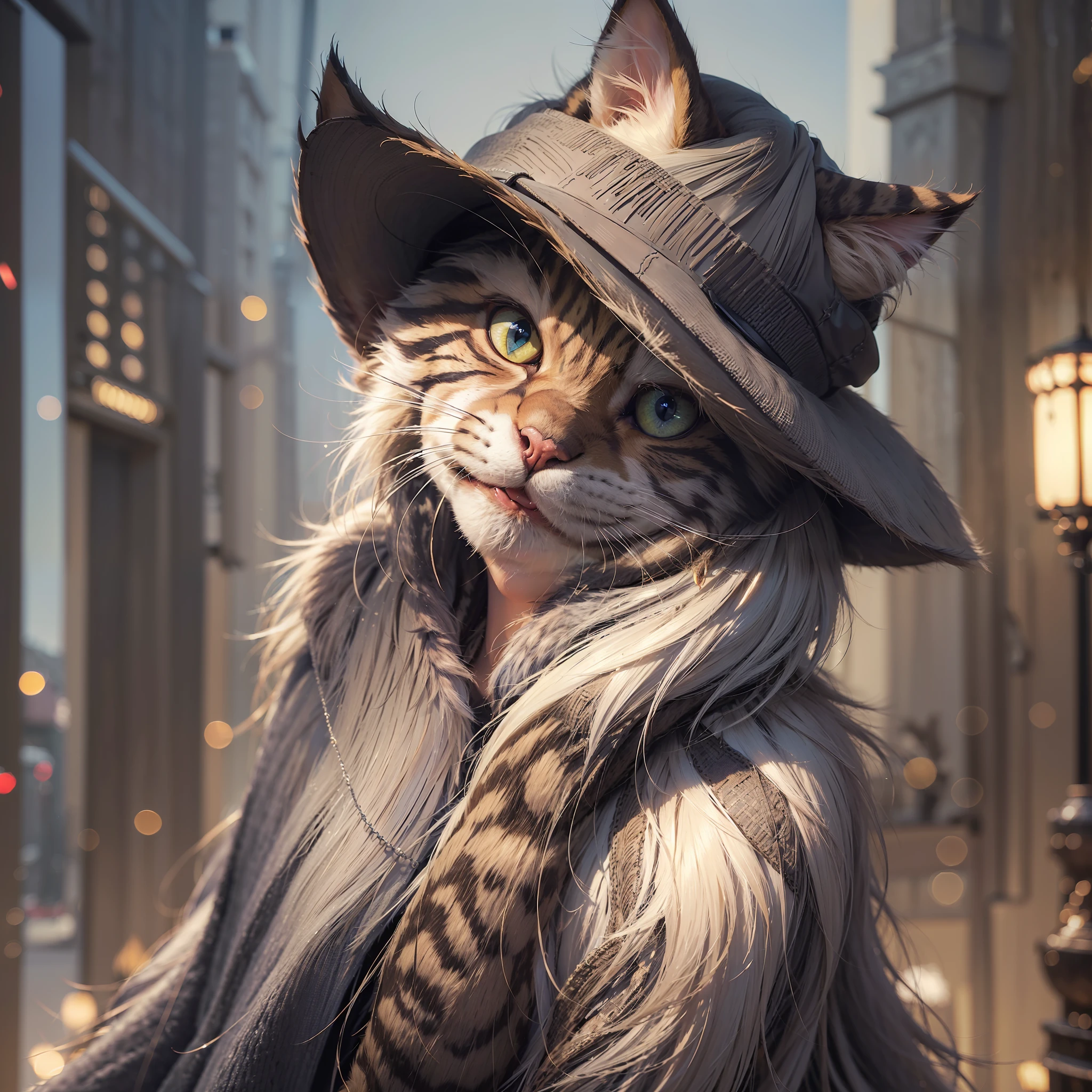 (((furry masterpiece))), ((best quality)), ((ultra-detailed)), ( CG illustration), cinematic light, single, full, ((1 cat furry shapeshifter)), overcoat, fedora hat, hyper-detailed, Ultra-Wide Angle, blending, high quality, high detail, textured leather, high quality, high details --auto --s2