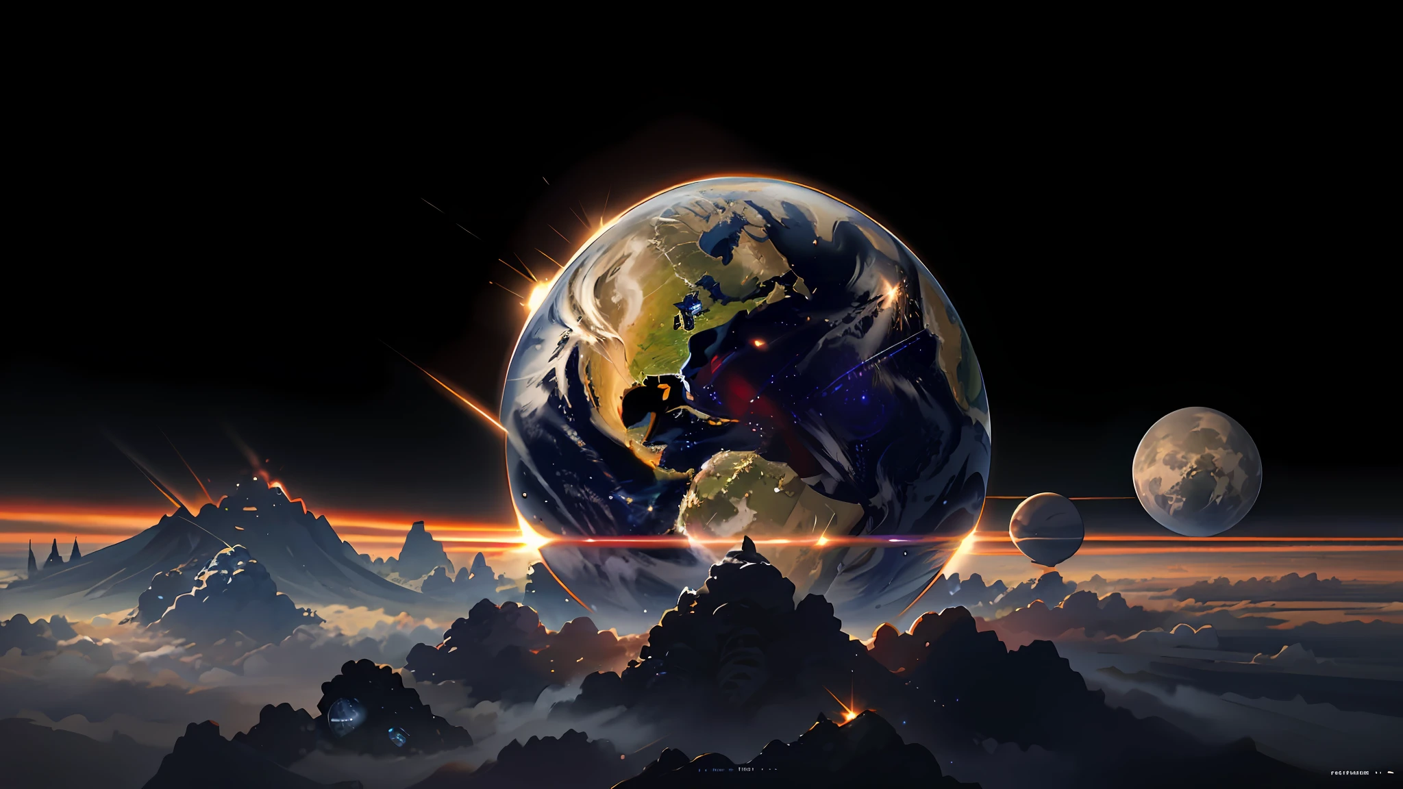best quality, masterpiece,highly detailed,(photorealistic:1.4),science fiction,planet surface,megastructure,nuclear fusion,asteroids,space in background,distant view,