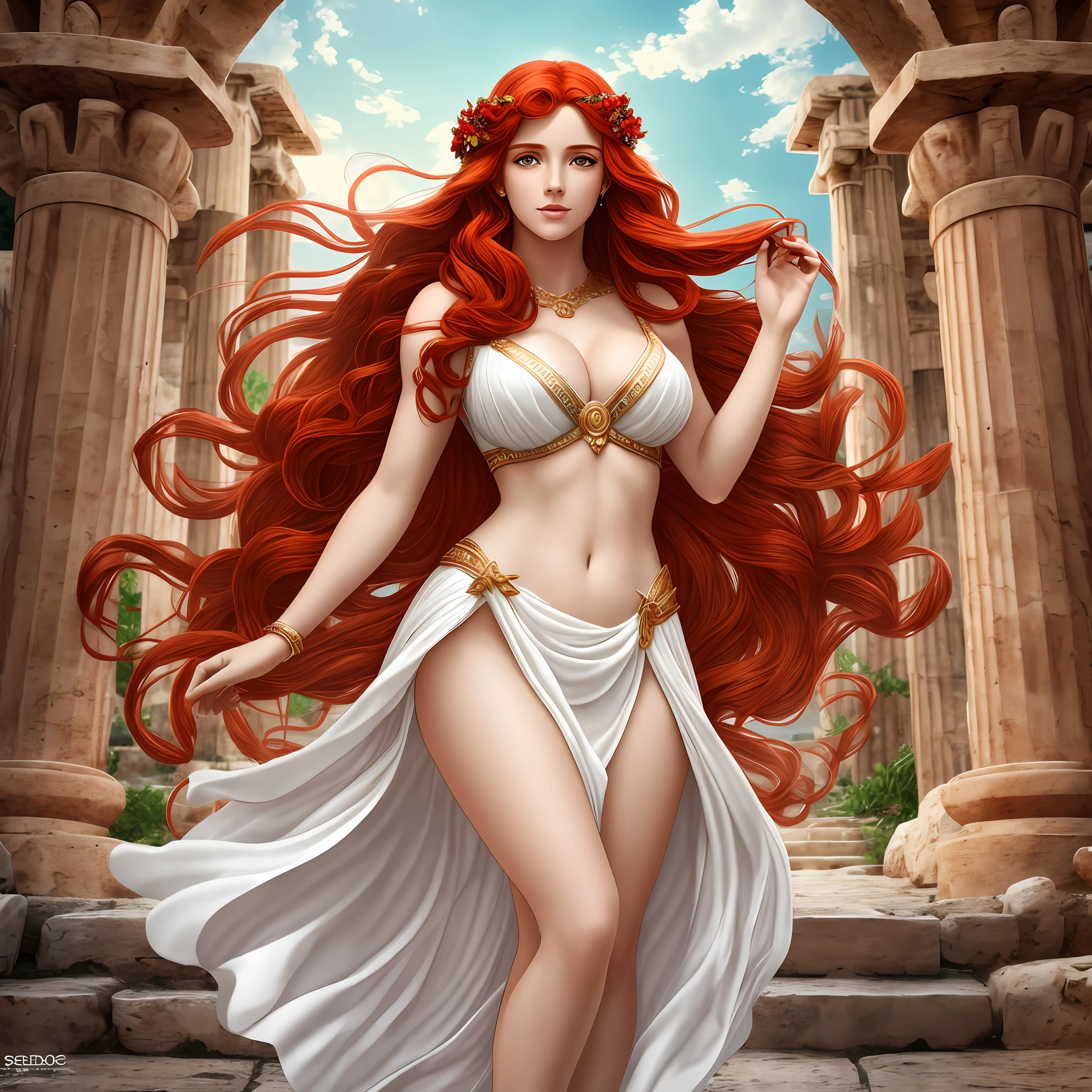 Aphrodite goddess of Greek mythology, red-haired red, long red hair, full body, looking forward, eyes, face forward, white dress, greece, realistic, best quality, 8k --auto --s2