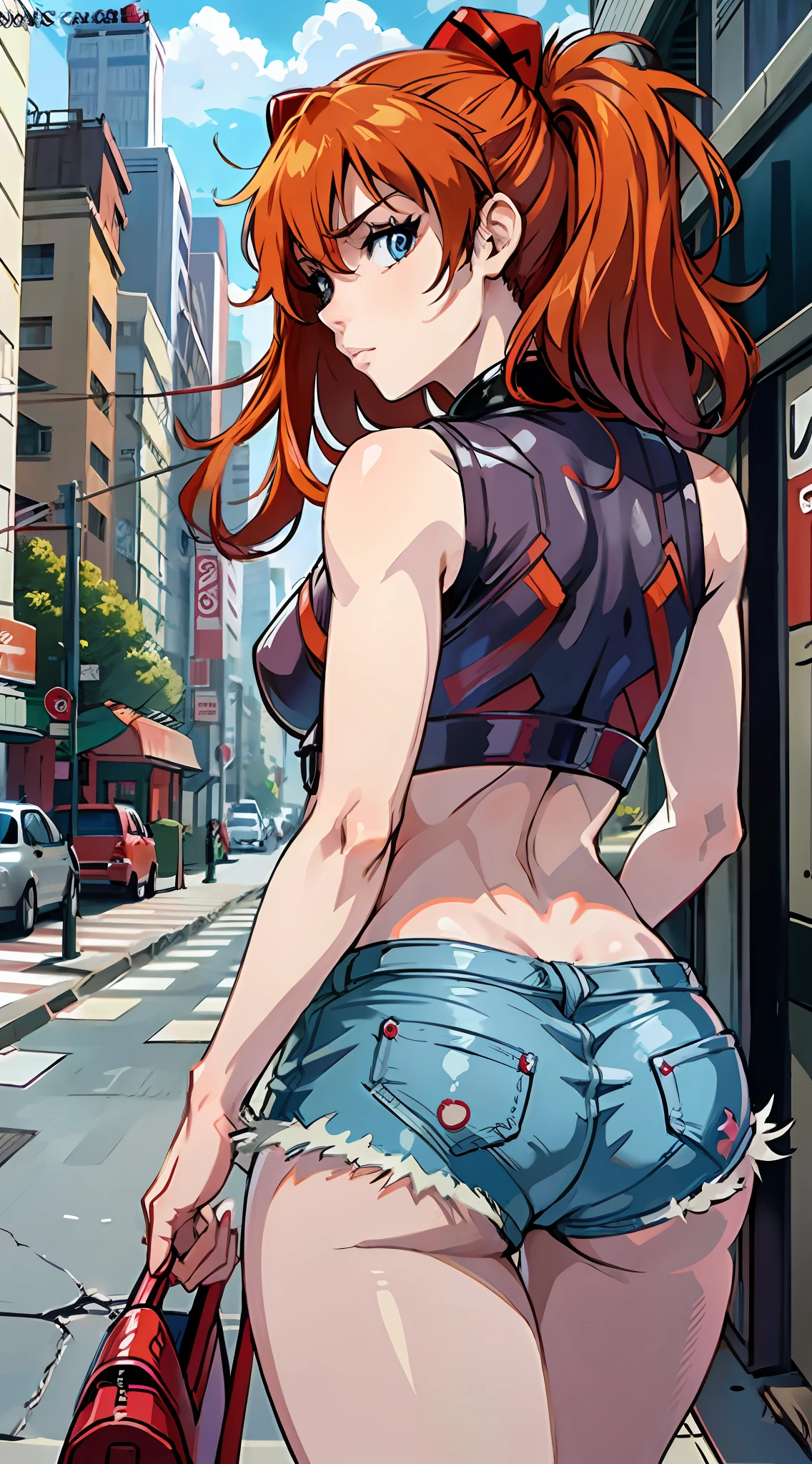 anime screencap, city, 1girl, solo, red hair, blue eyes, looking at the viewer, lustful, small breasts, closed mouth, ass, wide hips, short top, short shorts, unbuttoned shorts, walking, perfect legs, erotica, back