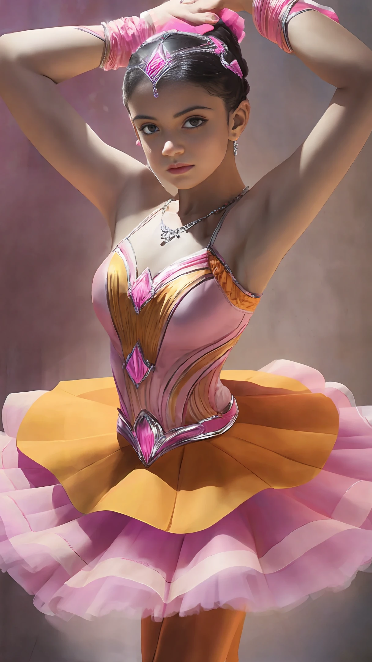 8K photorealistic masterpiece: Arafed girl in a pink and orange tutu and a pink dress, dressed as a ballerina, ballet style pose, ballet pose, ballerina, tendu pose, playful pose of a dancer, tip pose, ballerina, prima ballerina, classical dancer doing a pose, dancing gracefully, twirling, portrait of a ballerina, orange and yellow costume --auto --s2