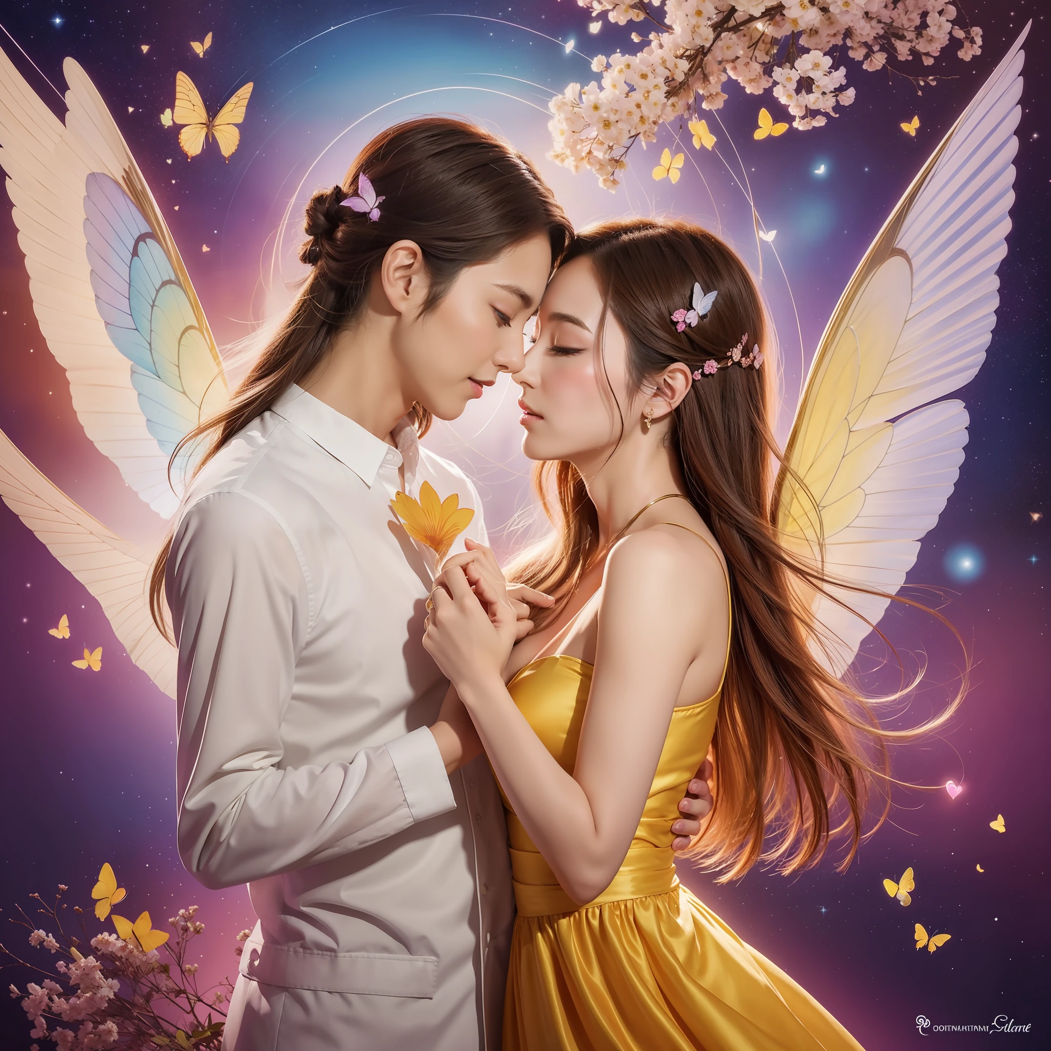 Create a painting that conveys the essence of the "Soulmate" card and captures the depth and special connection that exists between two people.
Use a palette of soft and warm colors, such as shades of pink, violet and gold, to convey an atmosphere of love and harmony. Start with soft, delicate brushstrokes to create an ethereal background, representing the spiritual plane on which the connection of souls manifests.
In the center of the painting, depict two human figures in a position of closeness and intimacy. Use soft brush strokes and flowing lines to portray their unique connection, emphasizing the expression of love and tenderness on their faces.
Add symbolic elements that represent the deep connection between souls. For example, paint hearts entwined around the figures or represent a ribbon that binds them together, symbolizing soulmate connection. You can also include spiritual symbols, such as butterfly wings or twin flames, to convey the transcendental nature of this union.
Create an engaging environment around the figures. Paint a serene setting, such as a flowering garden or a romantic sunset, to convey the sense of peace and wholeness that soul connection brings. Use subtle brush strokes to add textures and details, creating a sense of depth and magical atmosphere.
Finish the painting with touches of light and brightness, highlighting the aura of love and positive energy that surrounds the two figures. Add small details, such as birds flying or butterflies dancing around, to symbolize the freedom and lightness that come with this special connection.