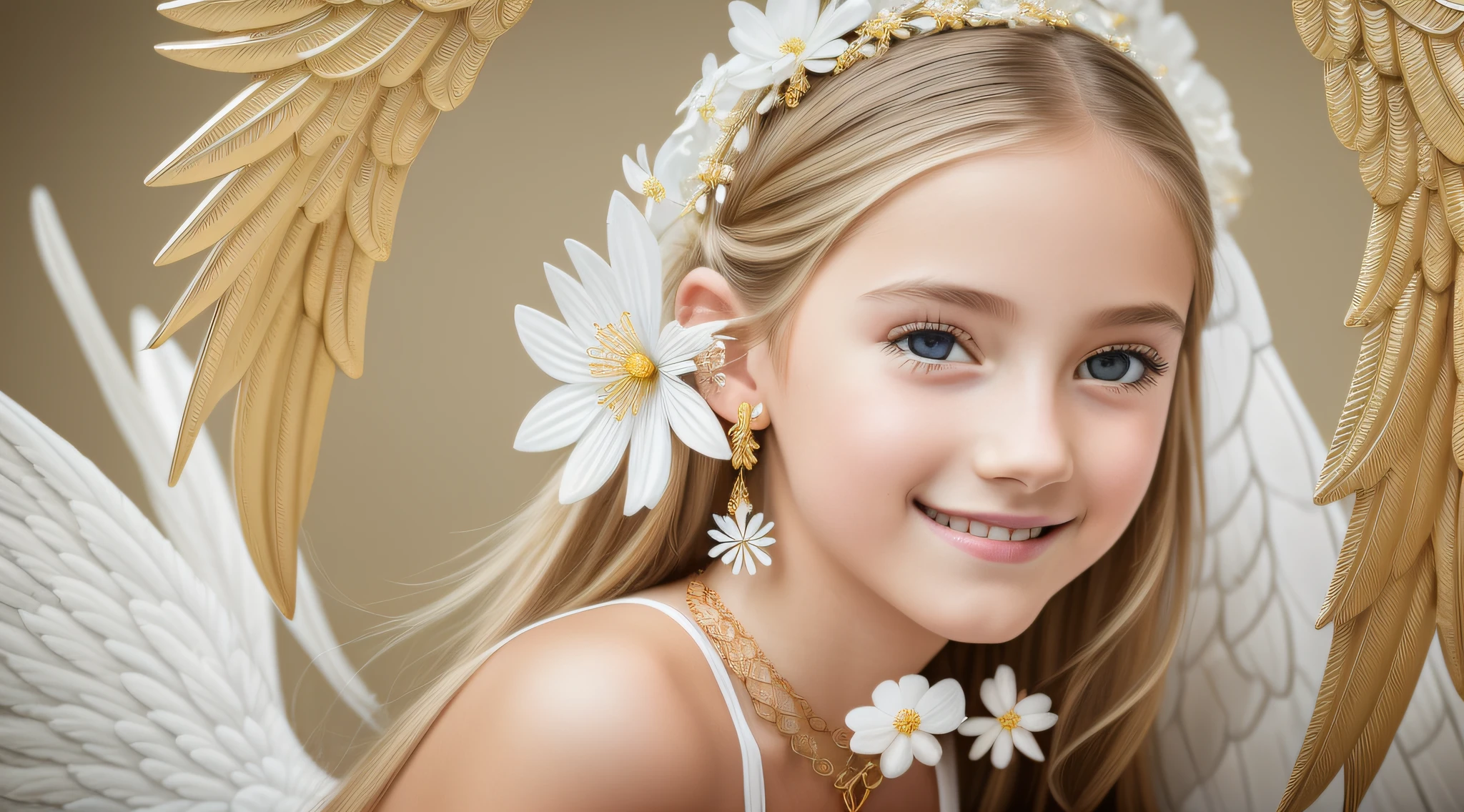 delicate, masterpiece, beautiful detailed, colorful, finely detailed, (50mm Sigma f/1.4 ZEISS lens, F1.4, 1/800s, ISO 100, fotograpy:1.1), lens flare, (photorealistic:1.1), detailed lips, intricate details, 1girl, solo, (a beautiful 8--old l), long blonde hair with braids, (angel wings:1.4), (white wings:1.2), (symmetrical wings: 1.5), (jewelry:1.5), (necklace:1.2), (diamond:1.3), bracelet, earrings, choker, (white thighs:1.2), (looking at the viewer:1.2), sexy pose, erotic pose, frontal view, (innocent smile:1.3), (covered, (on a gold background 1.5), sky, (detailed background), (blurred background:0.8), (white flower:1.3), (pureerosface_v1:0.85), --auto --s2