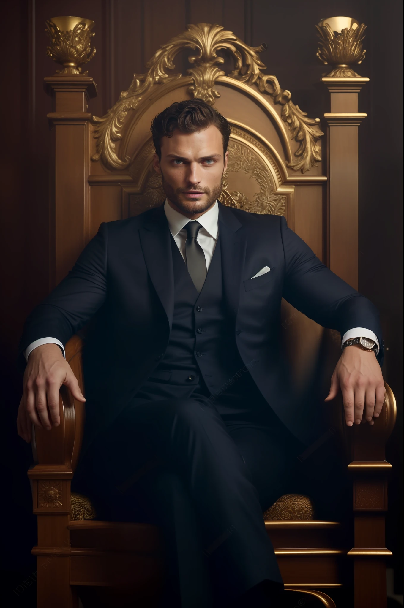 Create a Ceo wearing suit, symmetrical and beautiful eyes, stare fixed in the center of the image, details of the face, Jamie Dornan, very beautiful and attractive, black beard and detached, strong and muscular, dark short hair, tanned skin, 8k resolution, best quality, similar to actor Jamie Dornan, pe, close up.